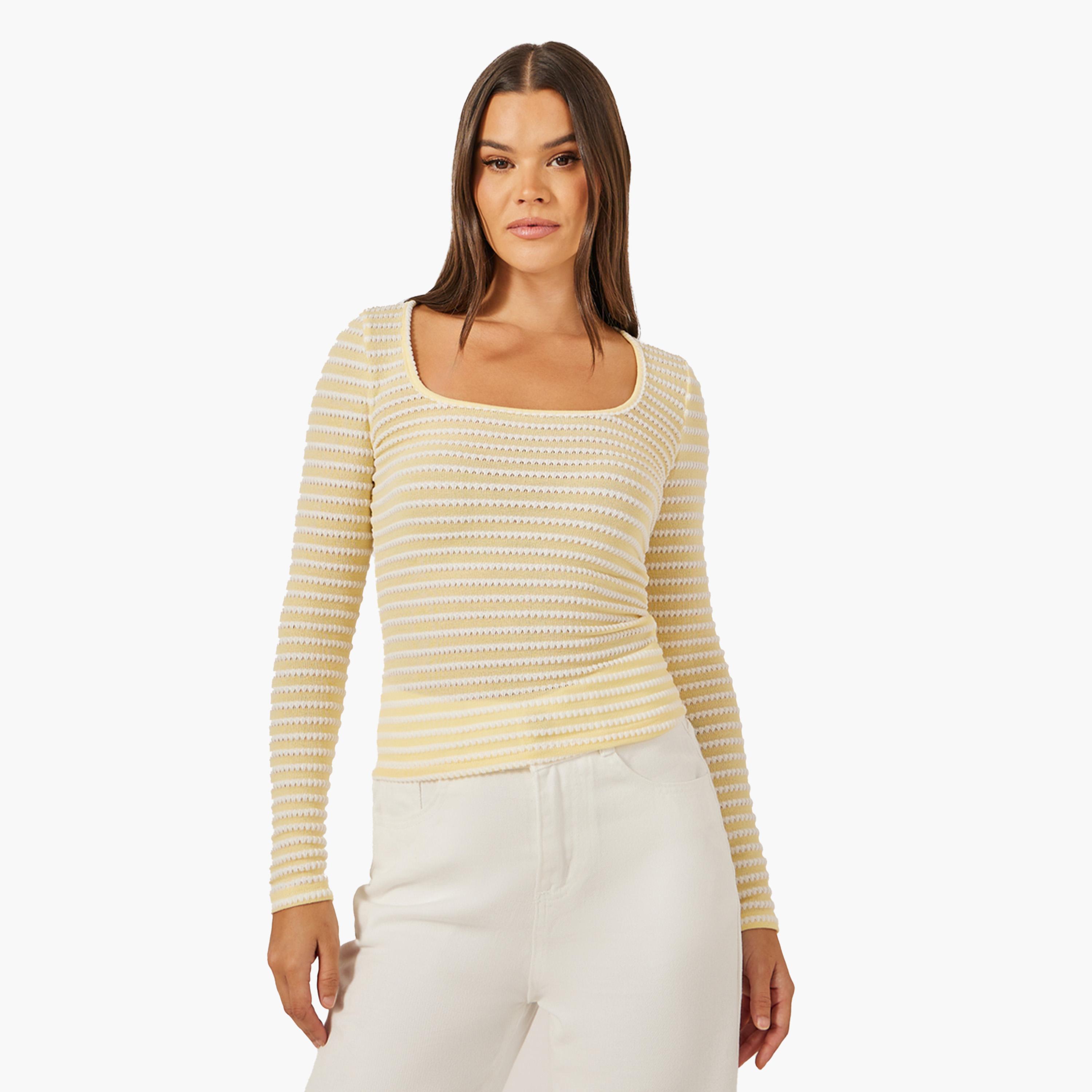 Styli Textured Square Neck Fitted Long Sleeve T-Shirt-women-clothing-tshirts-image-2