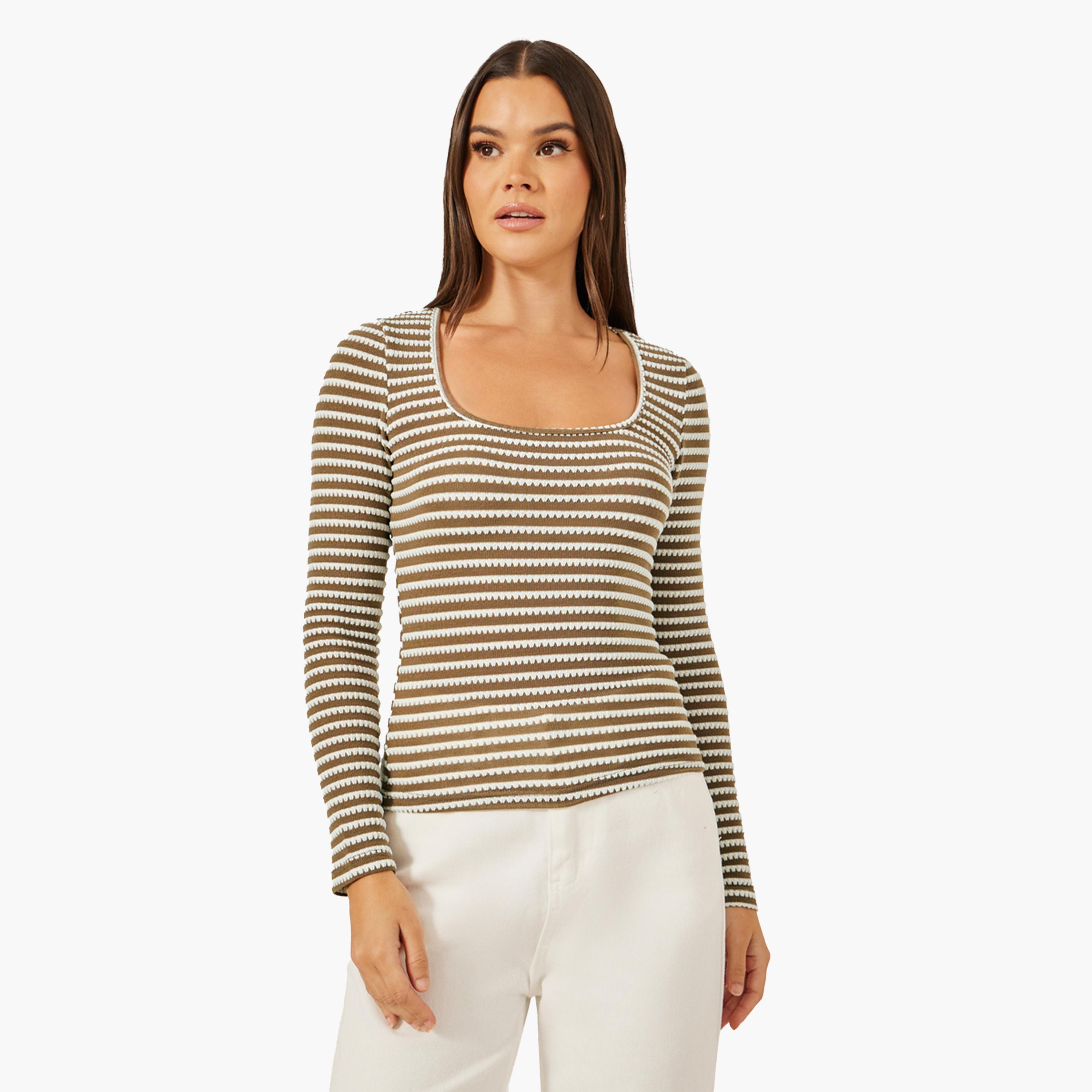 Styli Textured Square Neck Fitted Long Sleeve T-Shirt-women-clothing-tshirts-image-2