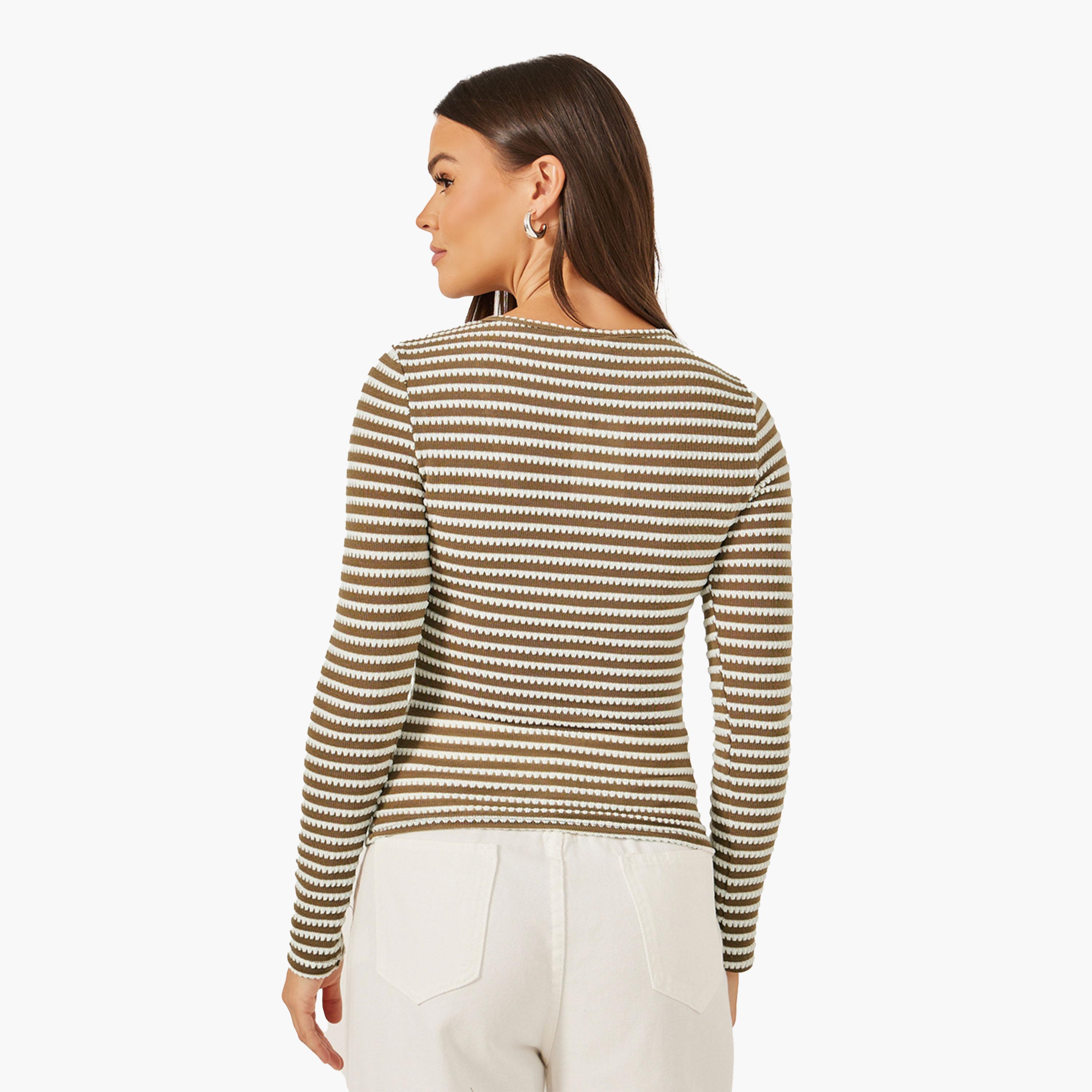 Styli Textured Square Neck Fitted Long Sleeve T-Shirt-women-clothing-tshirts-image-5