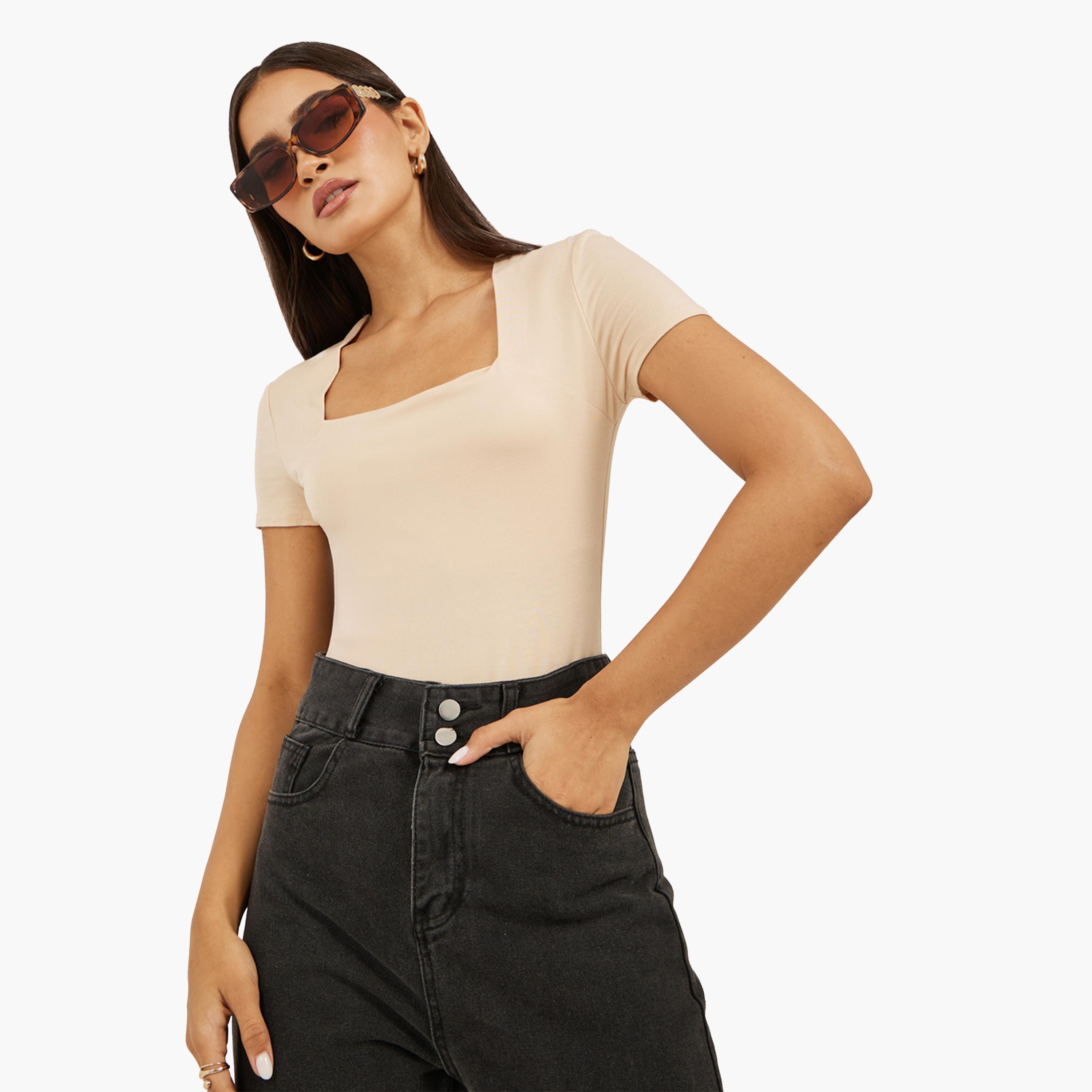 Styli Solid Square Neck Fitted Short Sleeve T-Shirt-women-clothing-tshirts-image-1