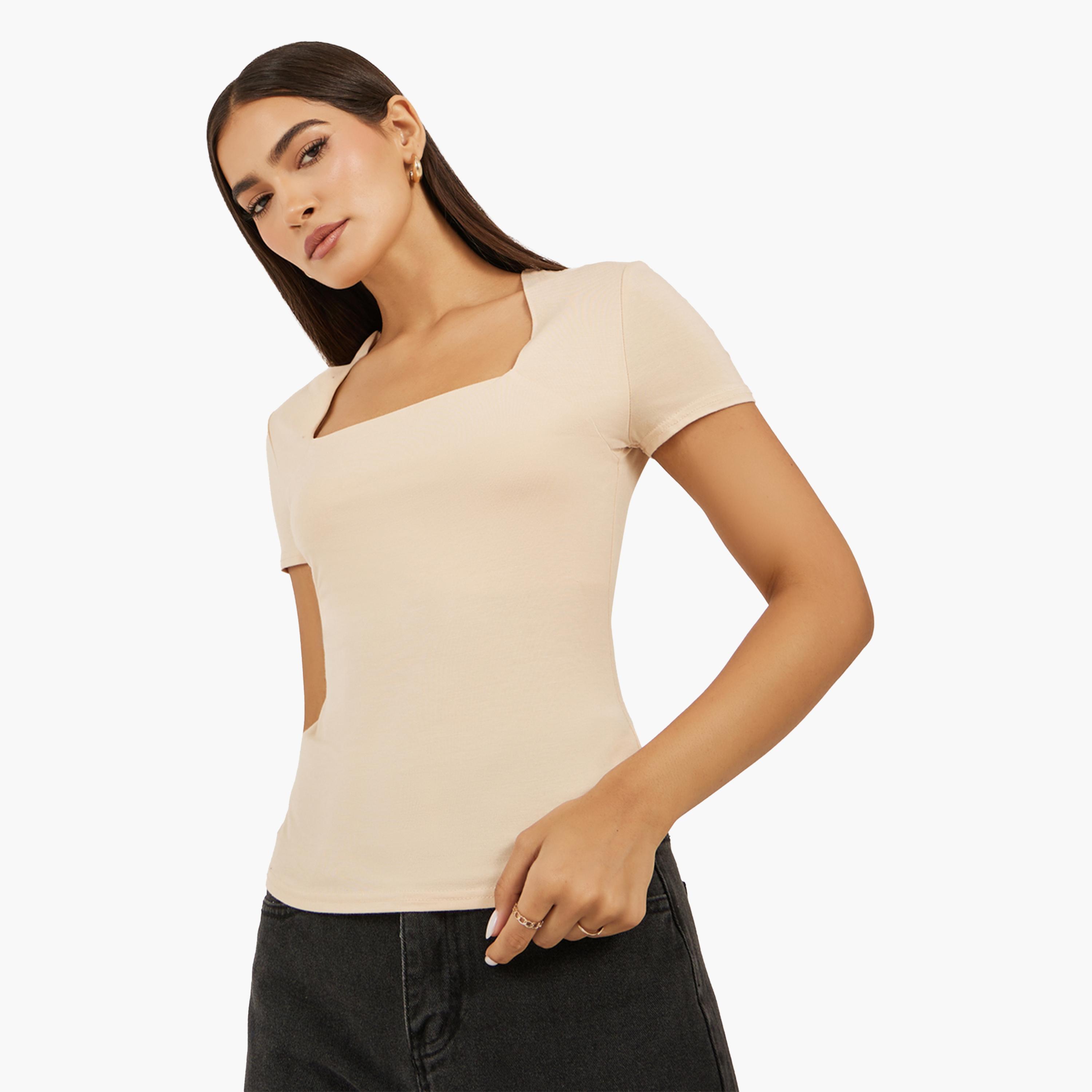 Styli Solid Square Neck Fitted Short Sleeve T-Shirt-women-clothing-tshirts-image-3