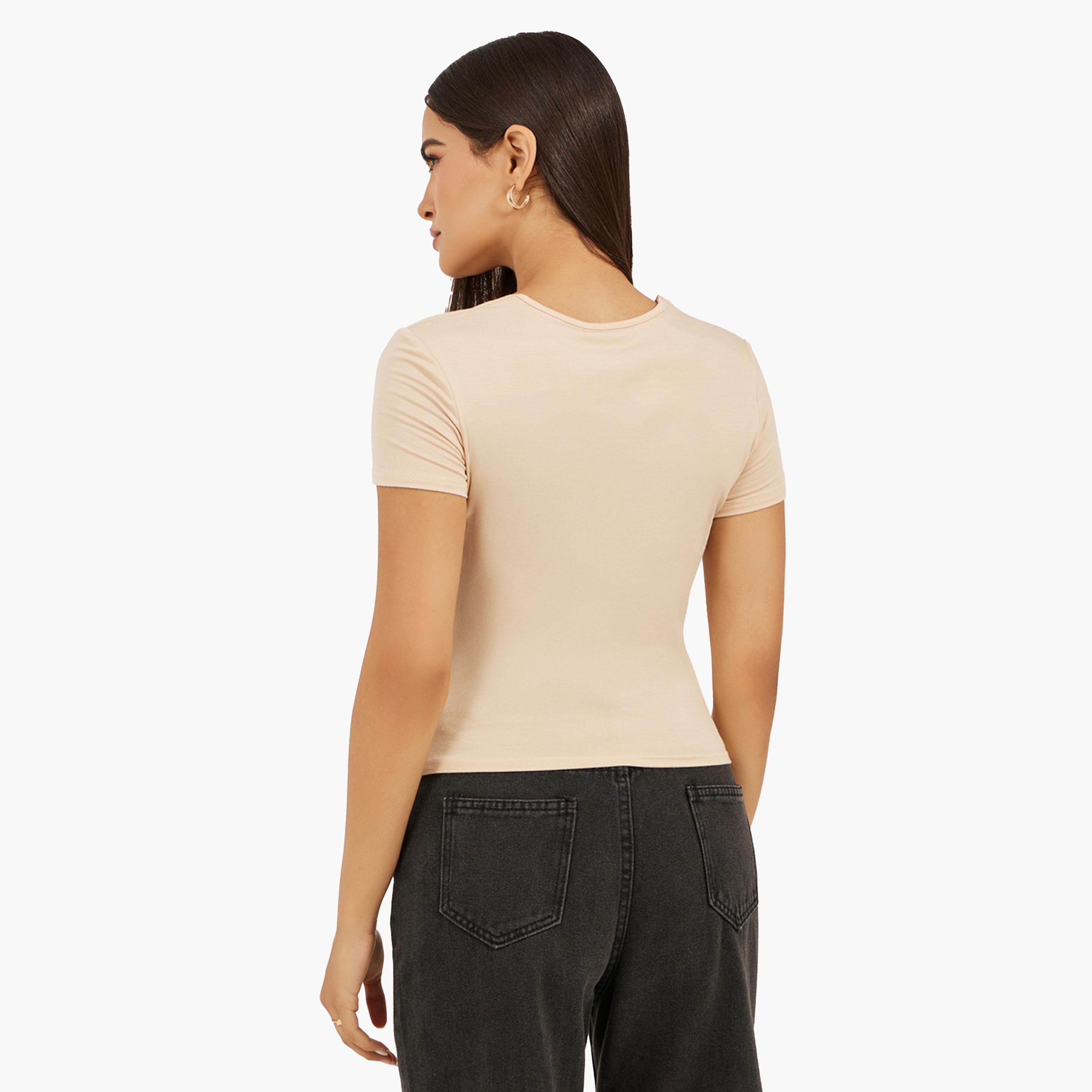 ستايلي - تي شيرت سادة برقبة مربعة وأكمام قصيرة-women-clothing-tshirts-image-5