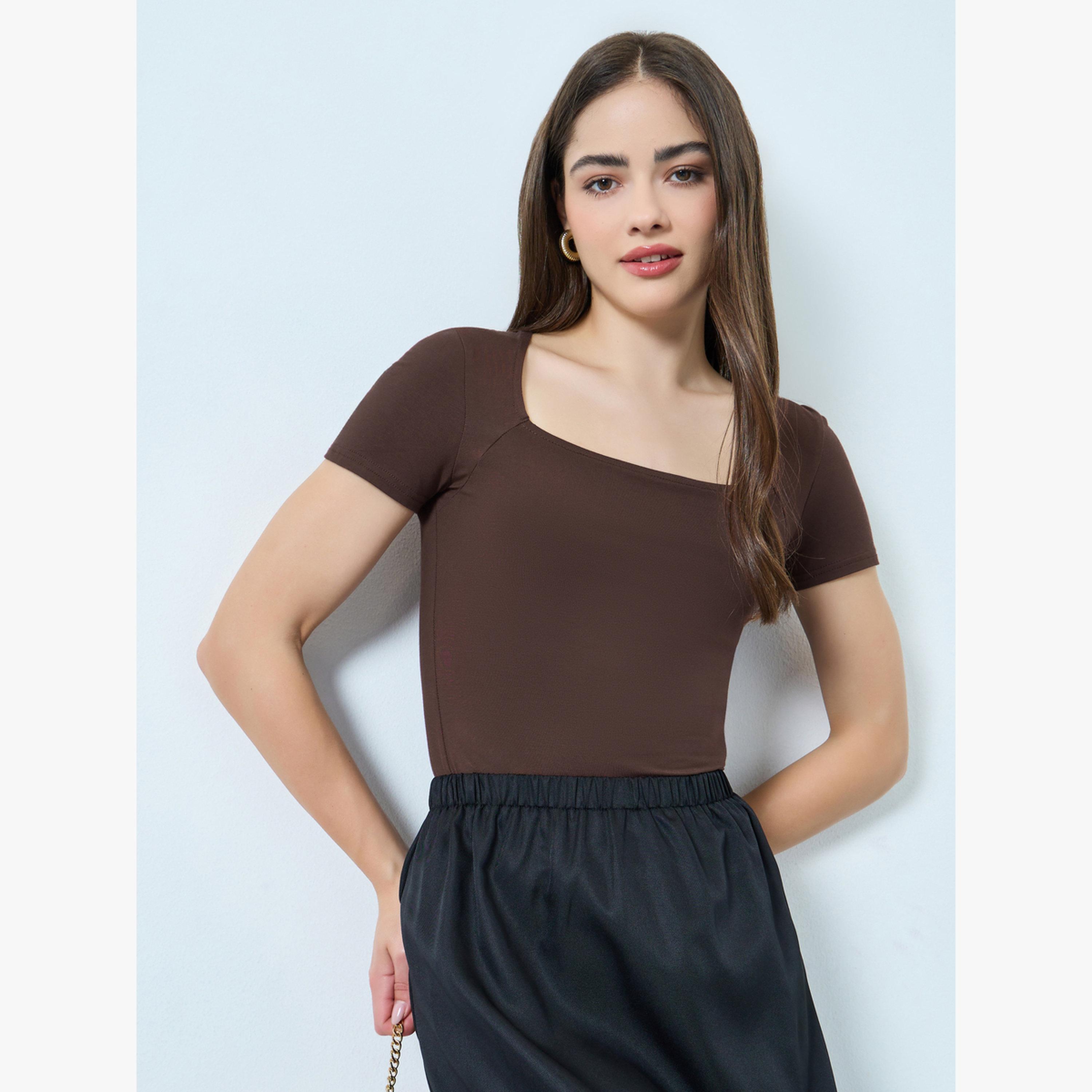 Styli Solid Square Neck Fitted Short Sleeve T-Shirt-women-clothing-tshirts-image-1