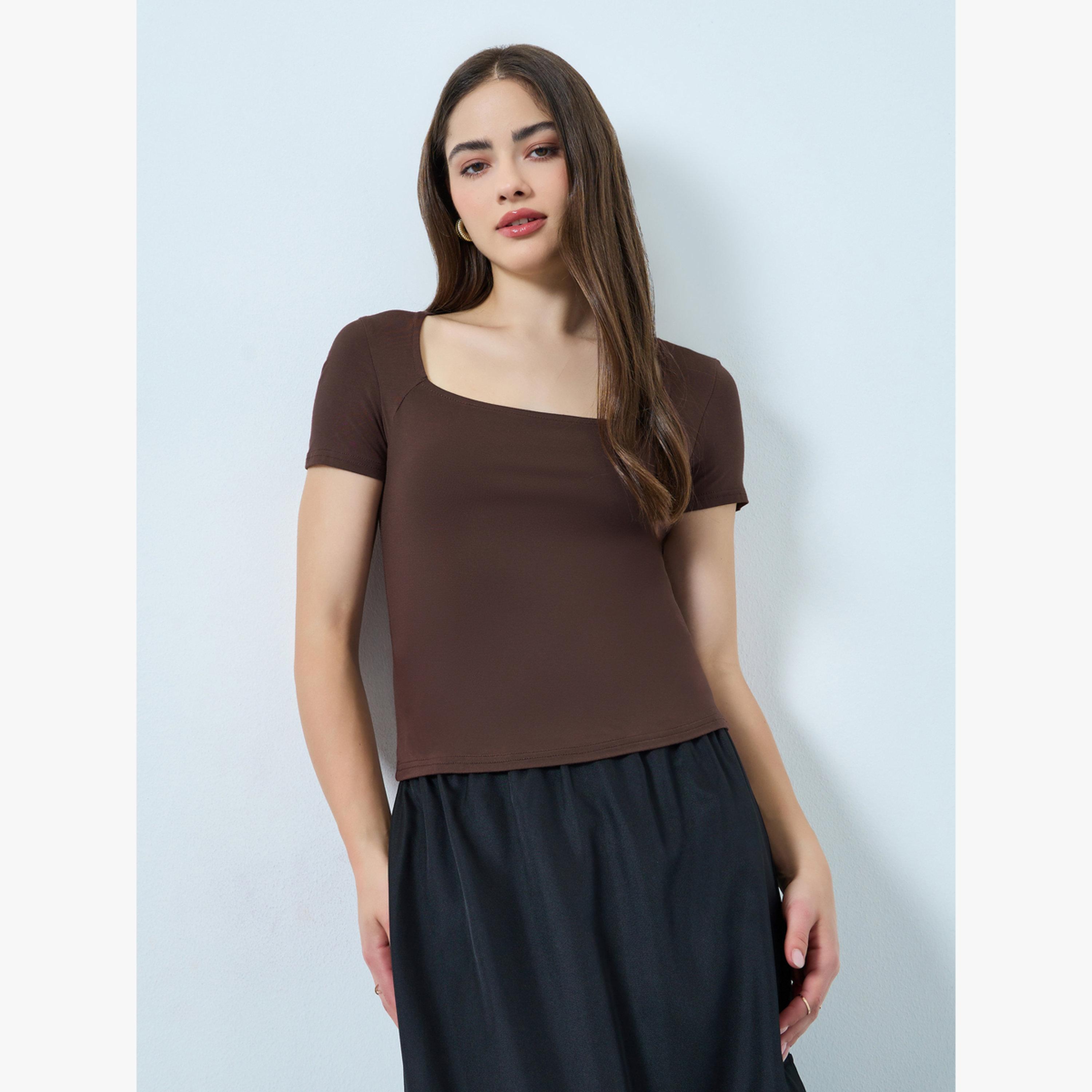 Styli Solid Square Neck Fitted Short Sleeve T-Shirt-women-clothing-tshirts-image-3