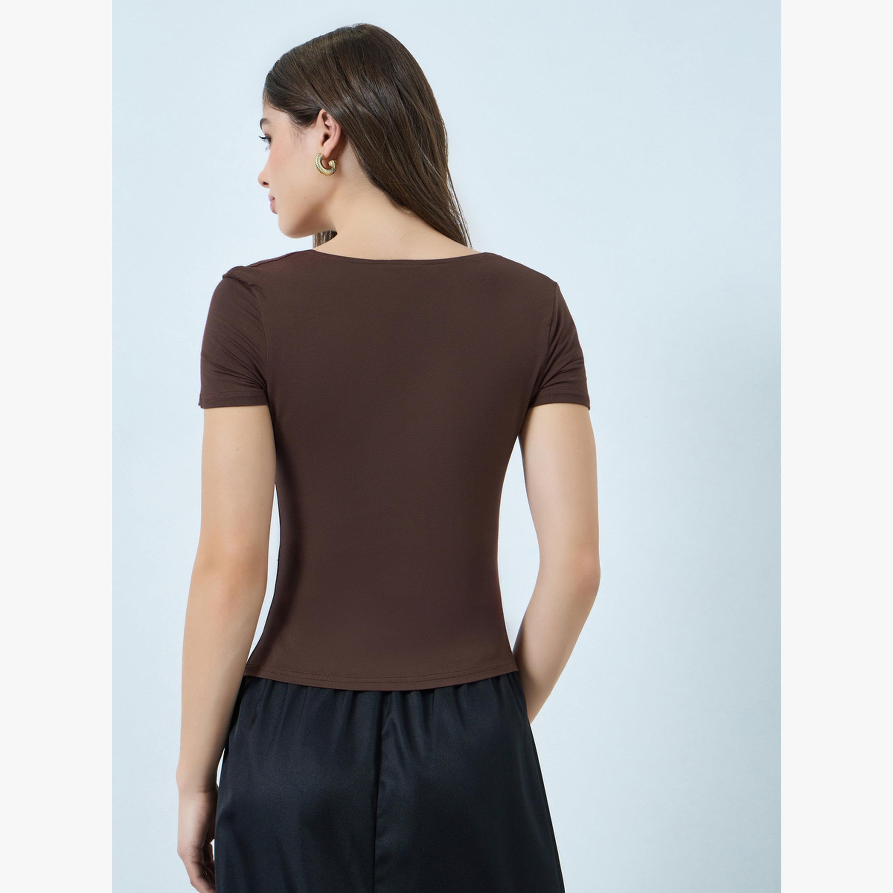 Styli Solid Square Neck Fitted Short Sleeve T-Shirt-women-clothing-tshirts-image-4