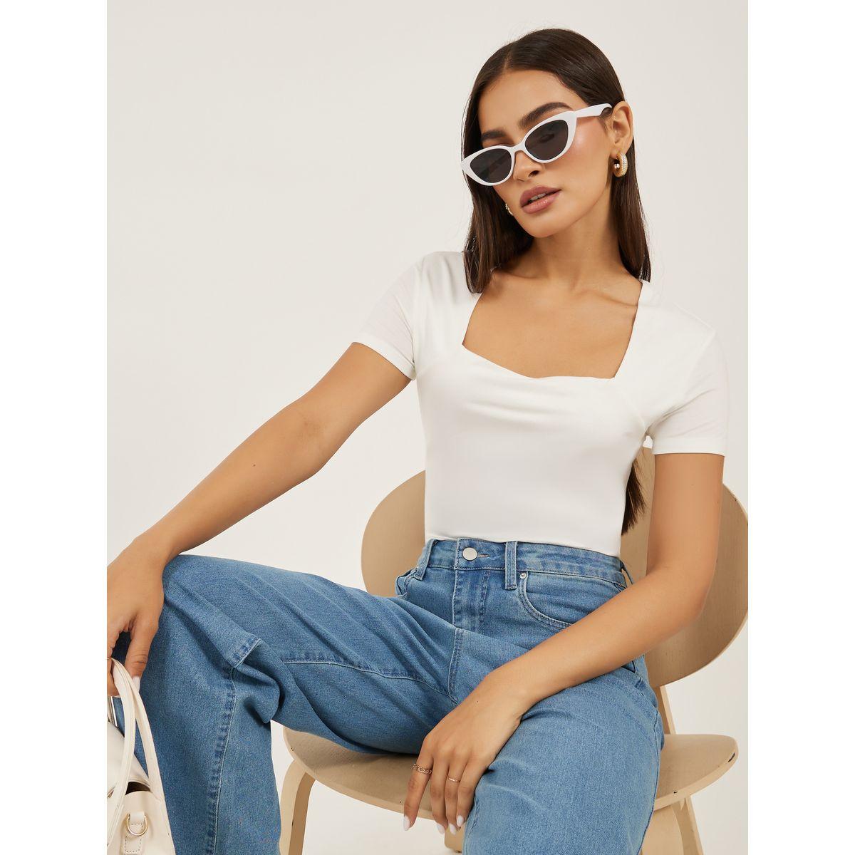 Styli Solid Square Neck Fitted Short Sleeve T-Shirt-women-clothing-tshirts-image-1