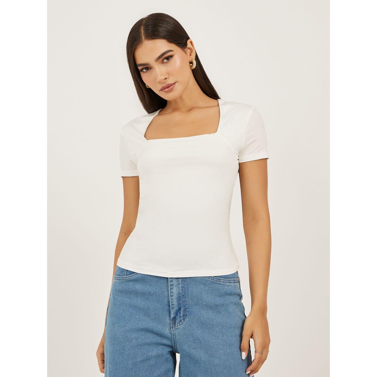 Styli Solid Square Neck Fitted Short Sleeve T-Shirt-women-clothing-tshirts-image-3