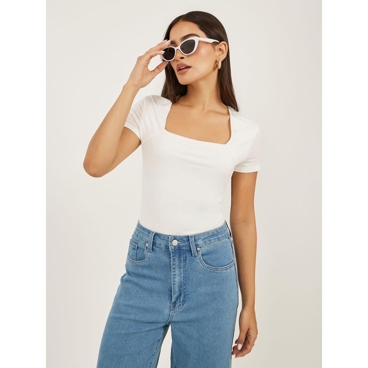 Styli Solid Square Neck Fitted Short Sleeve T-Shirt-women-clothing-tshirts-image-6