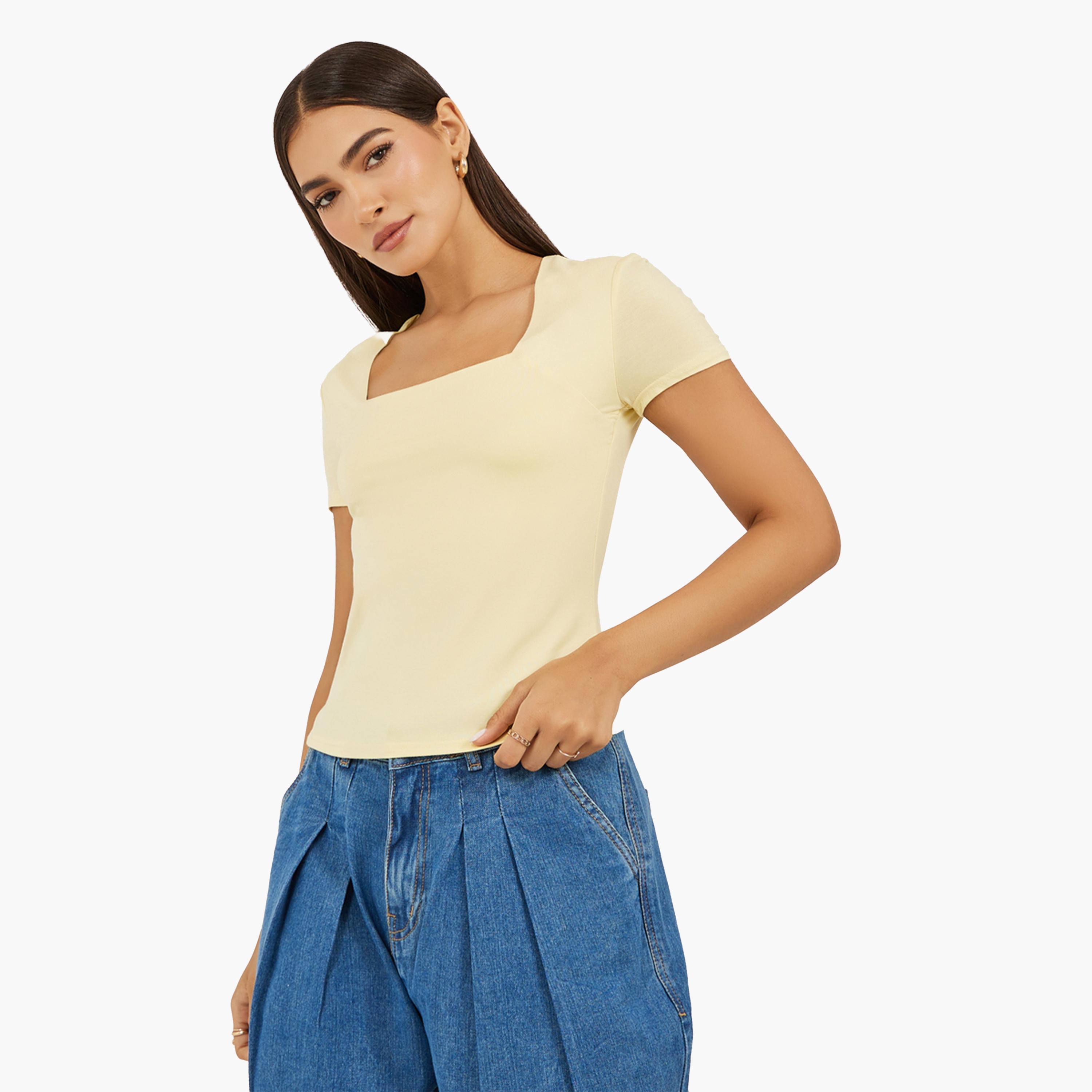 Styli Solid Square Neck Fitted Short Sleeve T-Shirt-women-clothing-tshirts-image-1