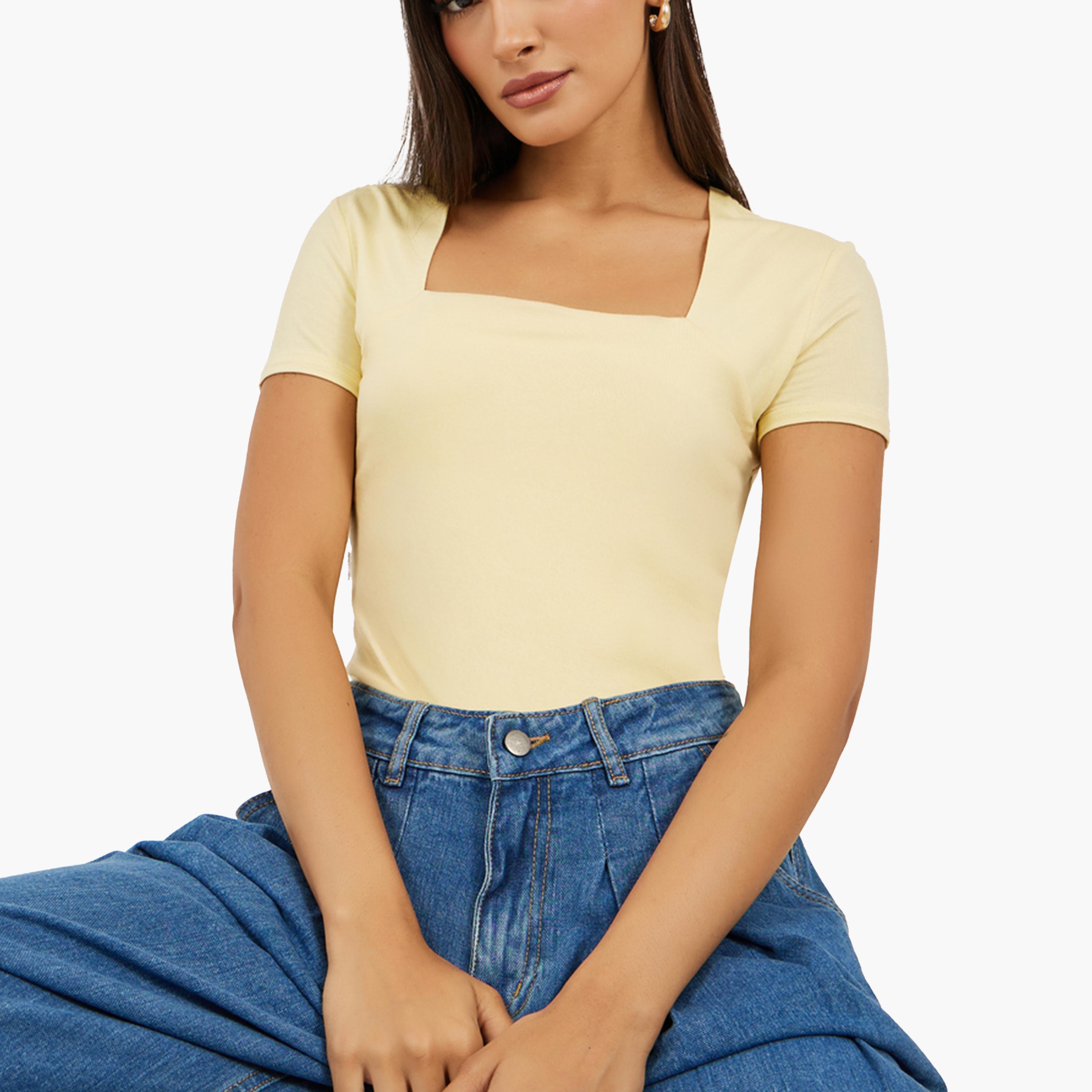 Styli Solid Square Neck Fitted Short Sleeve T-Shirt-women-clothing-tshirts-image-3