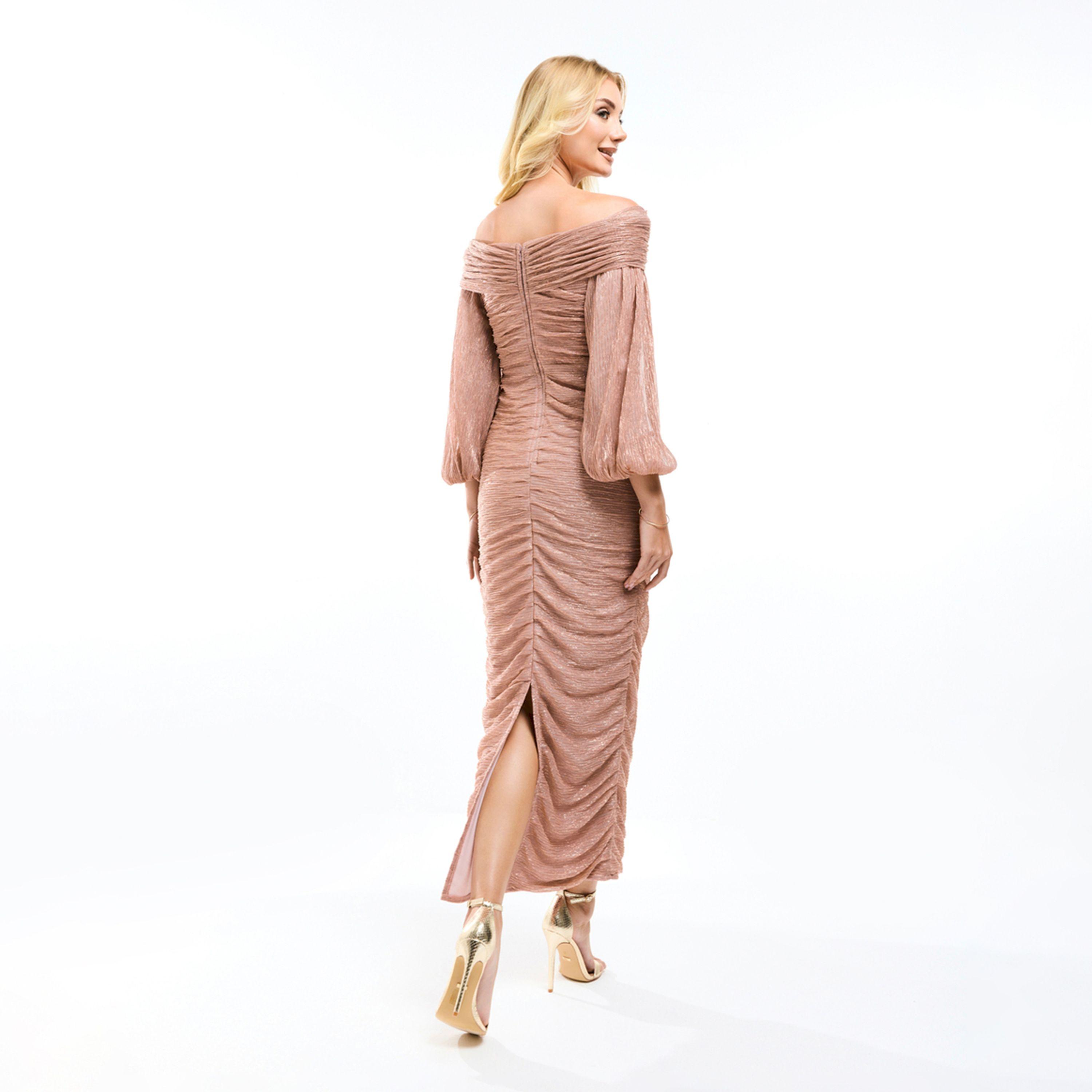 فستان طويل ضيق بياقة باردو وتفاصيل مزمومة هاوس أوف مودا × ستايلي-women-clothing-dresses-image-11