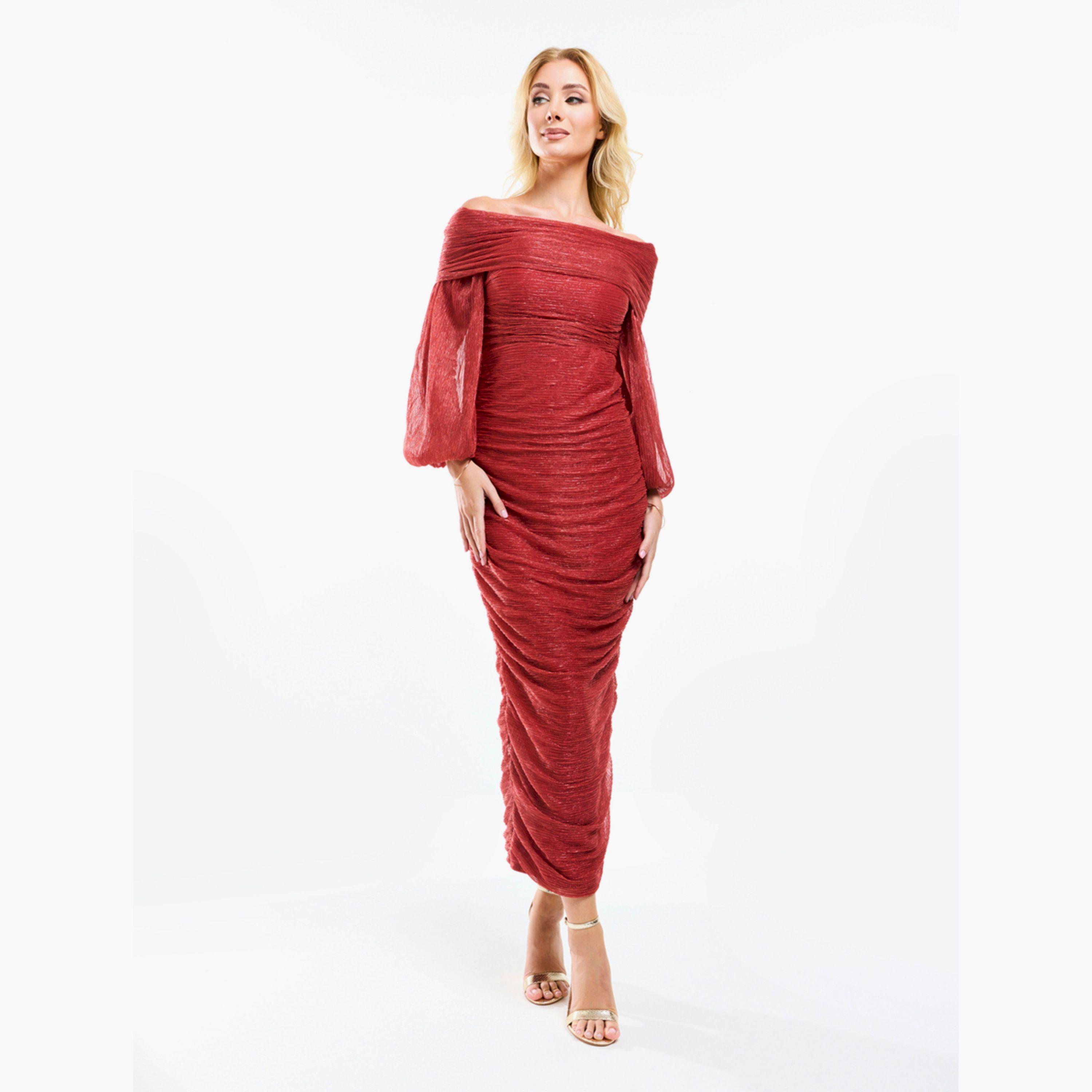 House of Moda X Styli  Bardot Neck Ruched Bodycon Maxi Dress-women-clothing-dresses-image-1