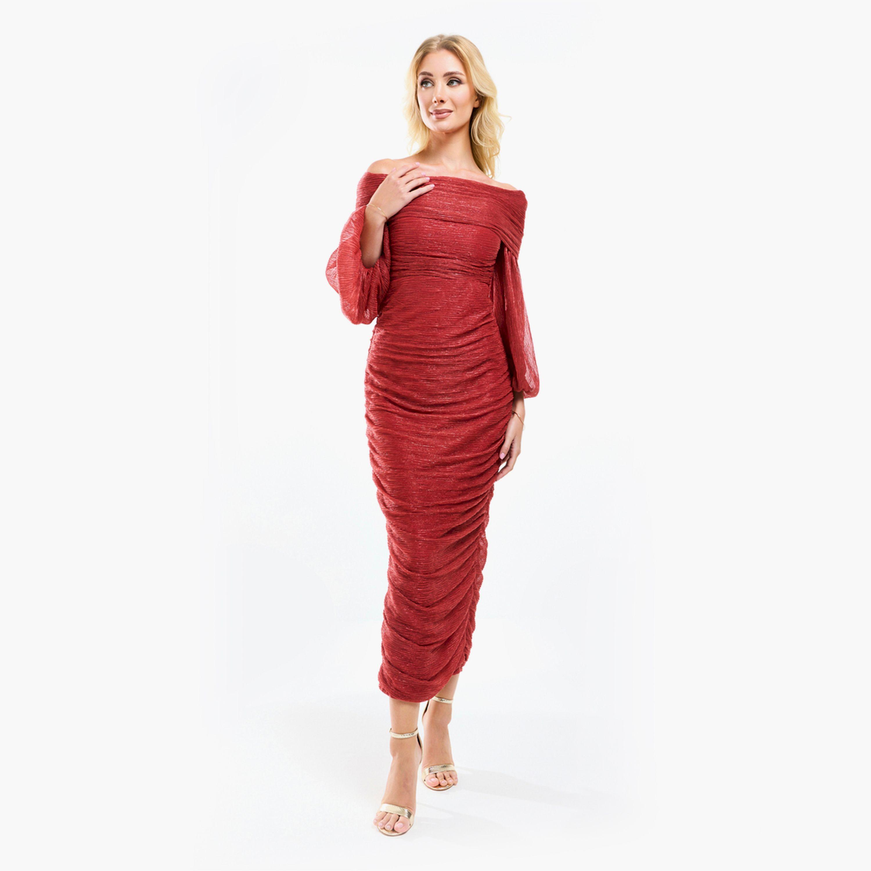 House of Moda X Styli  Bardot Neck Ruched Bodycon Maxi Dress-women-clothing-dresses-image-14