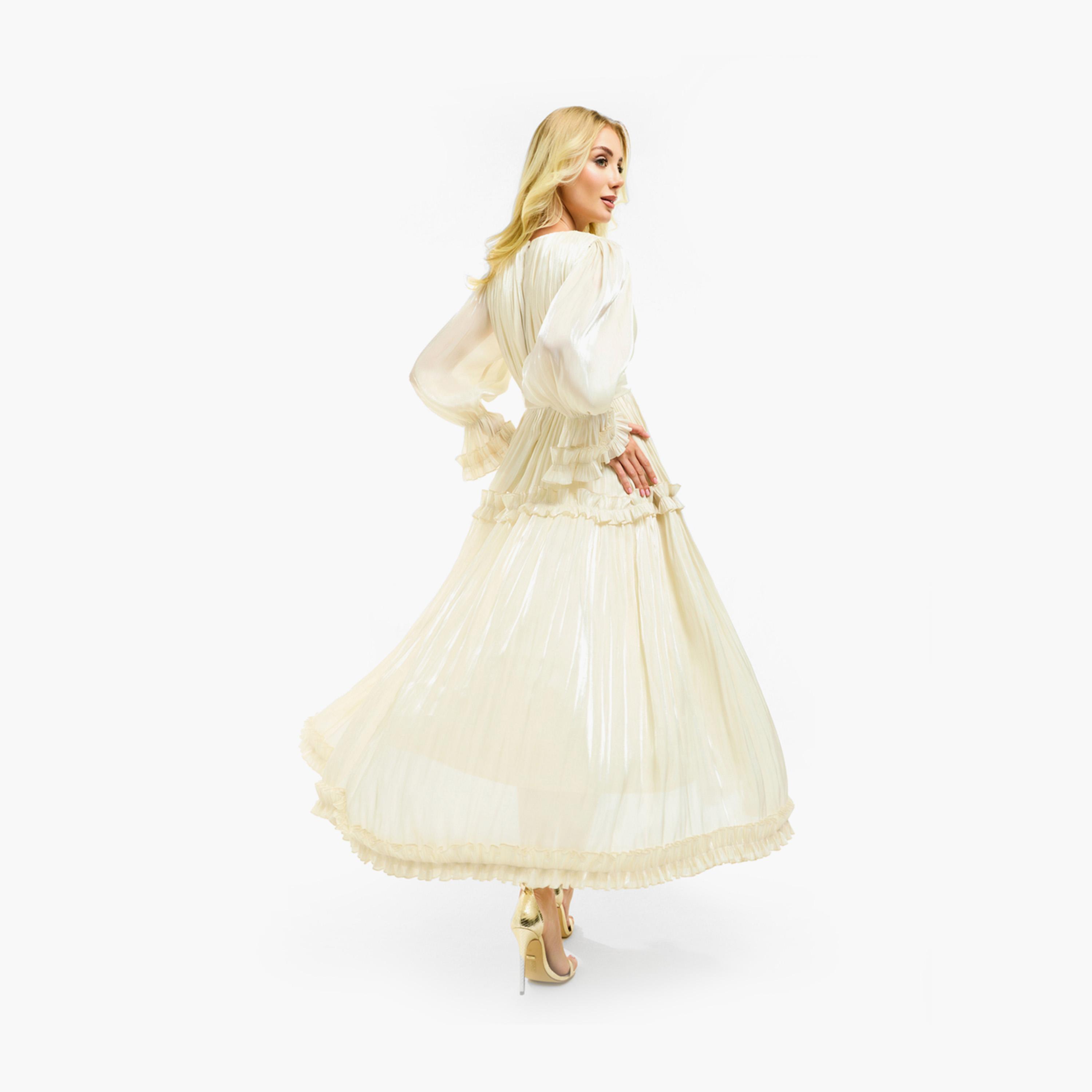 فستان طويل بتفاصيل اورجانزا وكشكش مع حزام هاوس أوف مودا × ستايلي-women-clothing-dresses-image-1