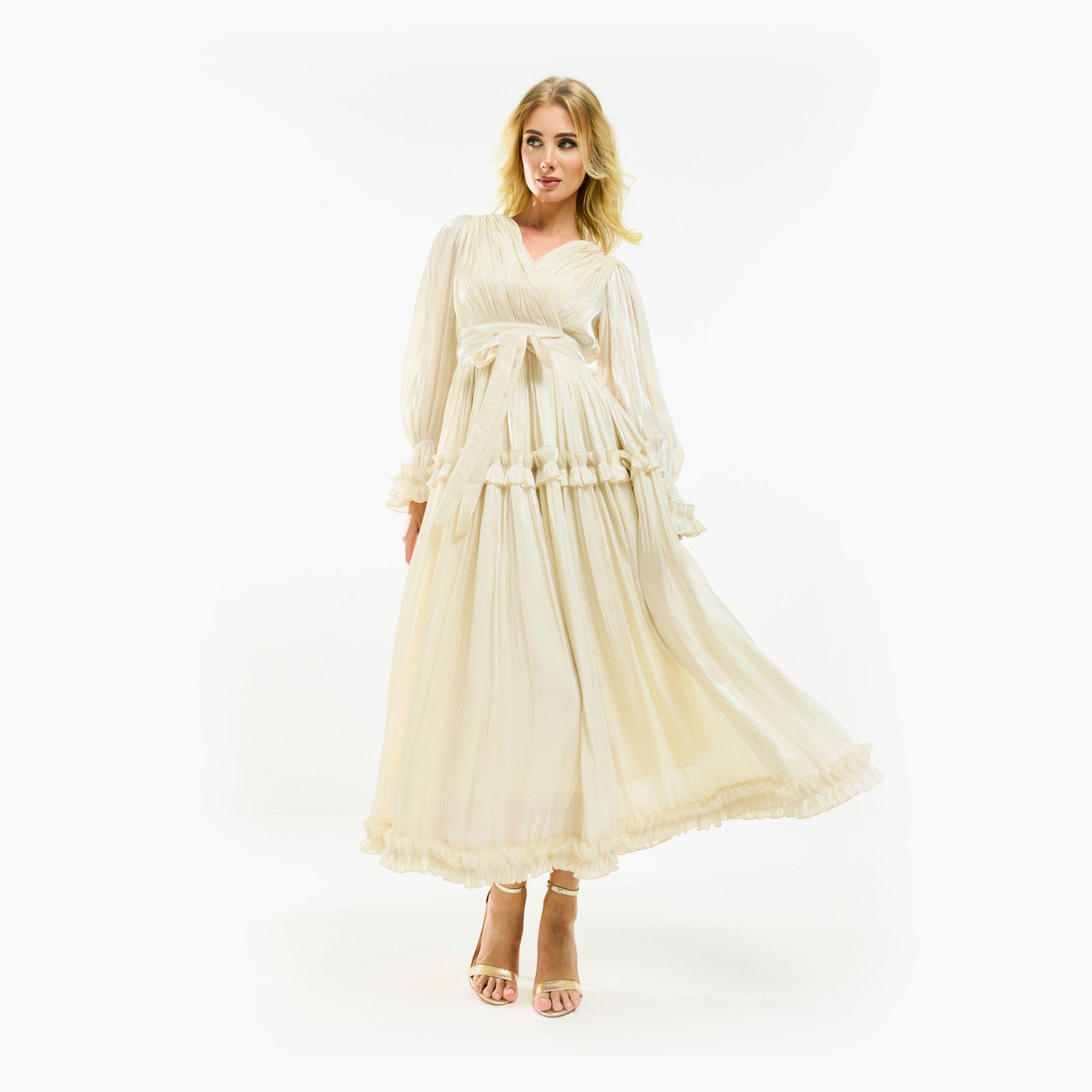 فستان طويل بتفاصيل اورجانزا وكشكش مع حزام هاوس أوف مودا × ستايلي-women-clothing-dresses-image-12