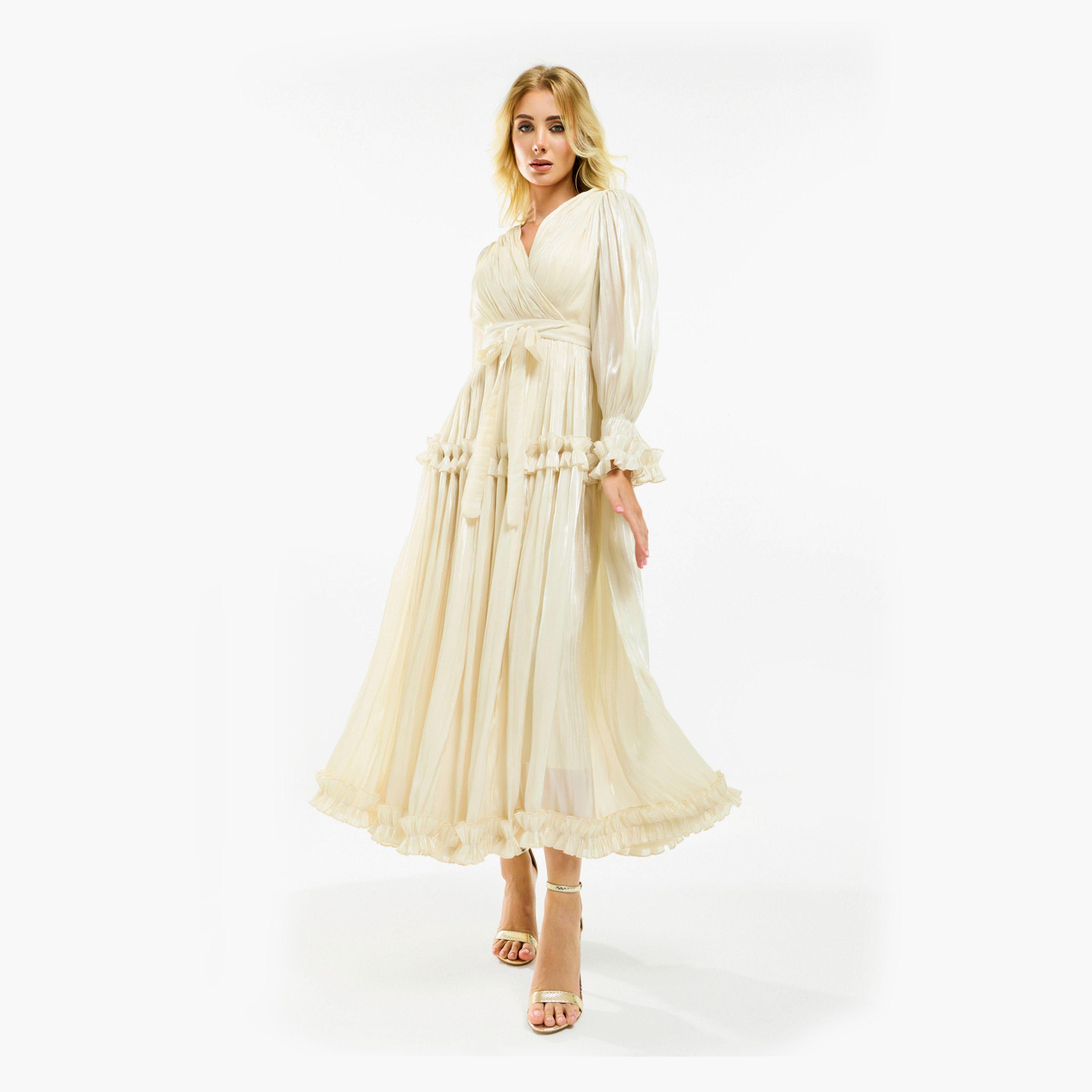 فستان طويل بتفاصيل اورجانزا وكشكش مع حزام هاوس أوف مودا × ستايلي-women-clothing-dresses-image-13