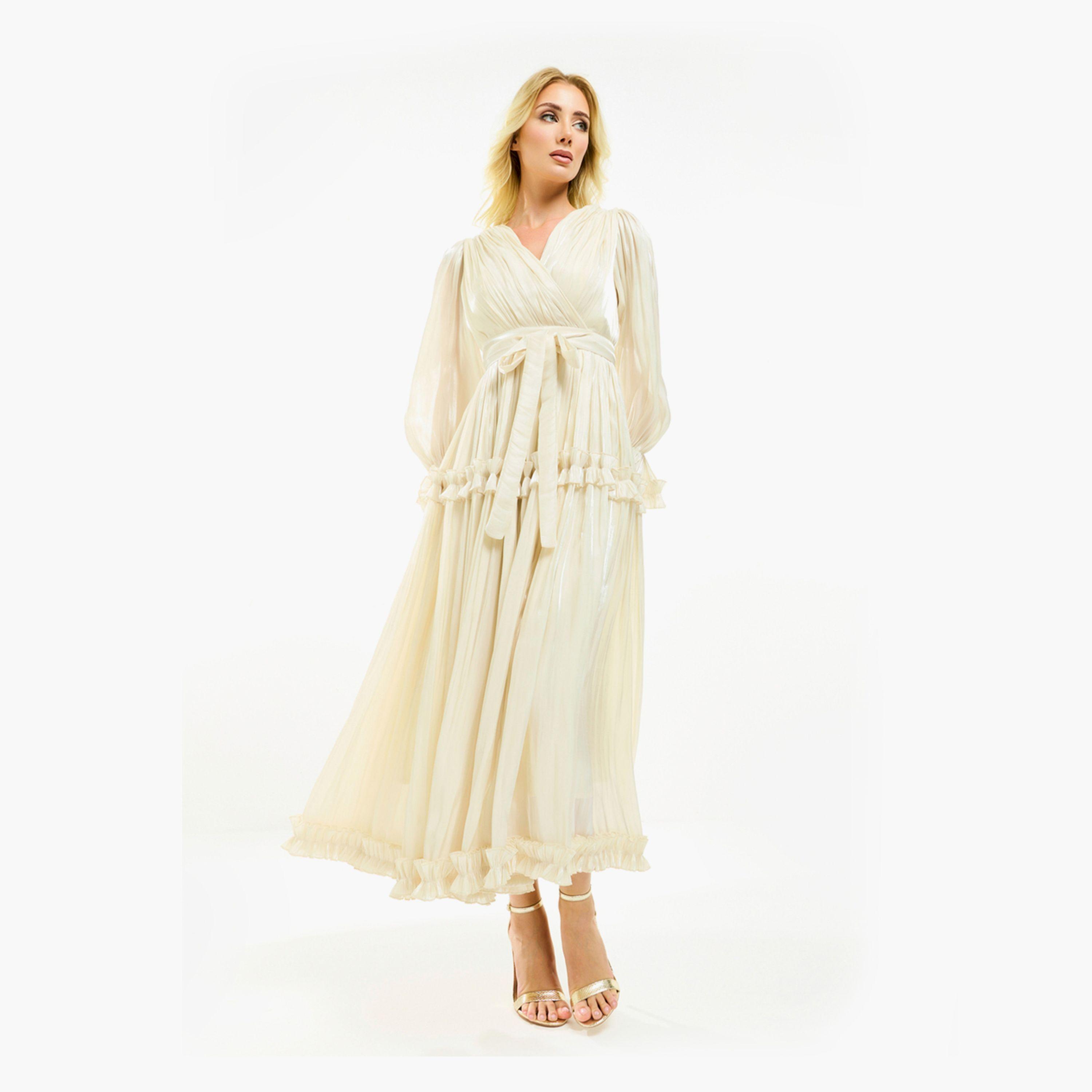 فستان طويل بتفاصيل اورجانزا وكشكش مع حزام هاوس أوف مودا × ستايلي-women-clothing-dresses-image-14
