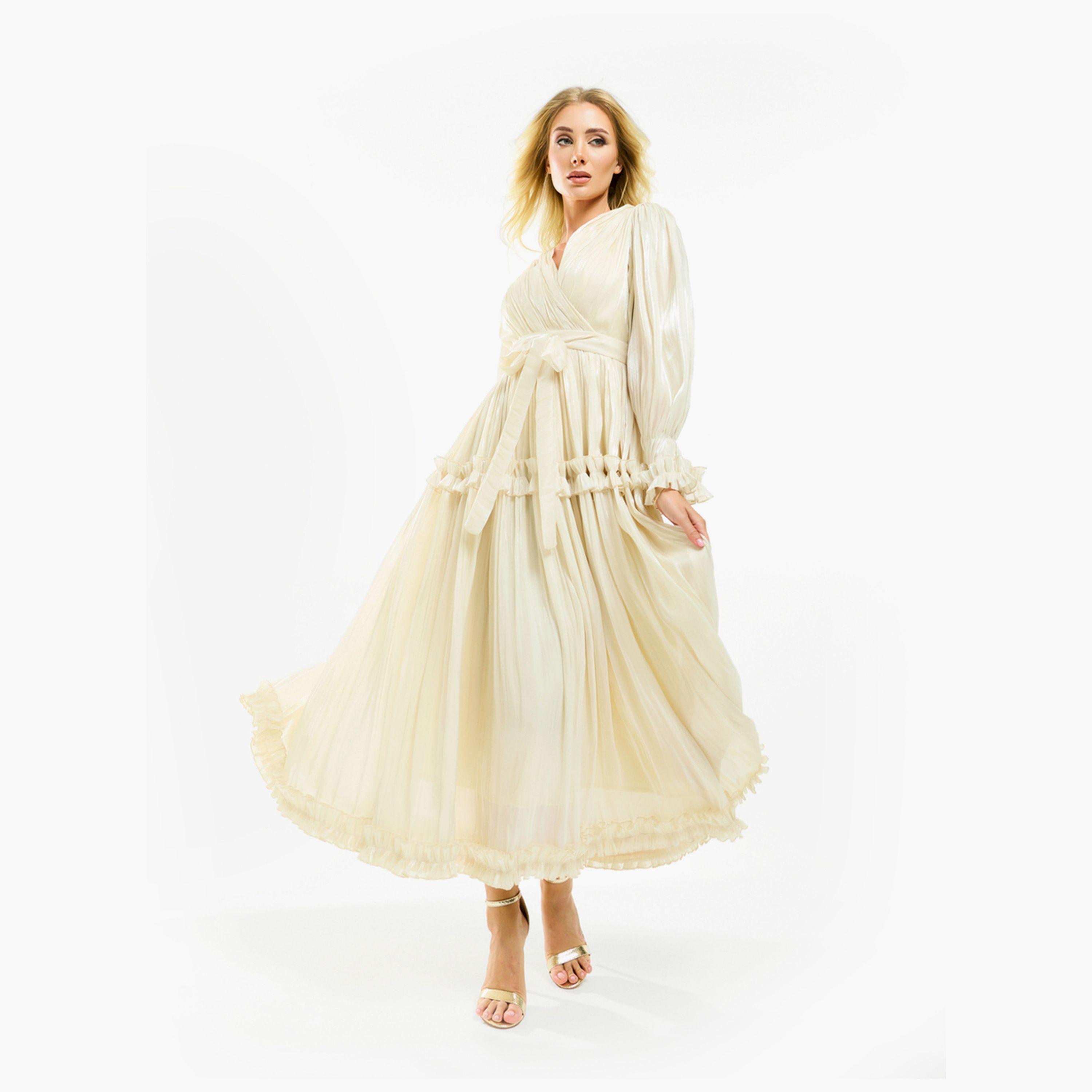 فستان طويل بتفاصيل اورجانزا وكشكش مع حزام هاوس أوف مودا × ستايلي-women-clothing-dresses-image-15