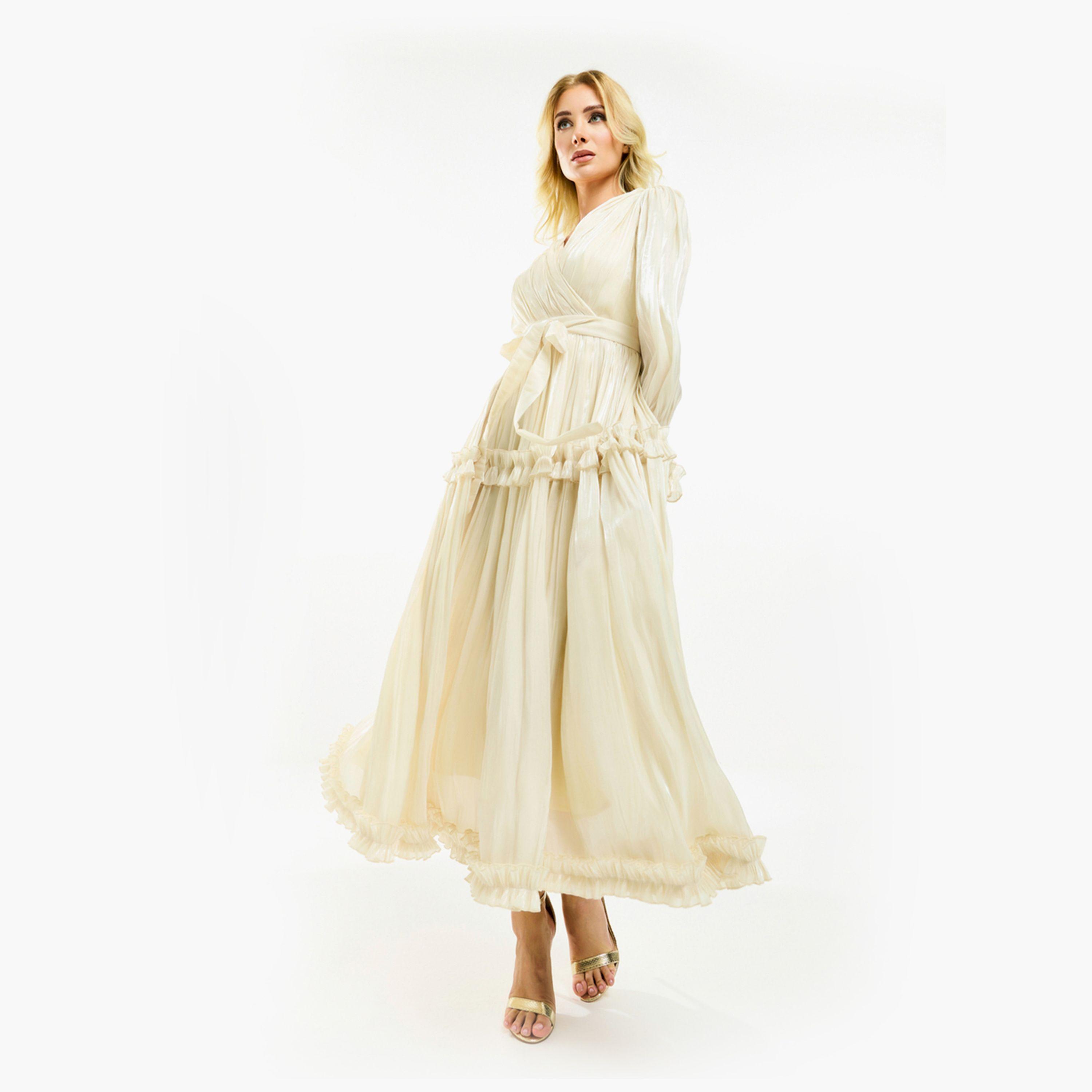 فستان طويل بتفاصيل اورجانزا وكشكش مع حزام هاوس أوف مودا × ستايلي-women-clothing-dresses-image-16