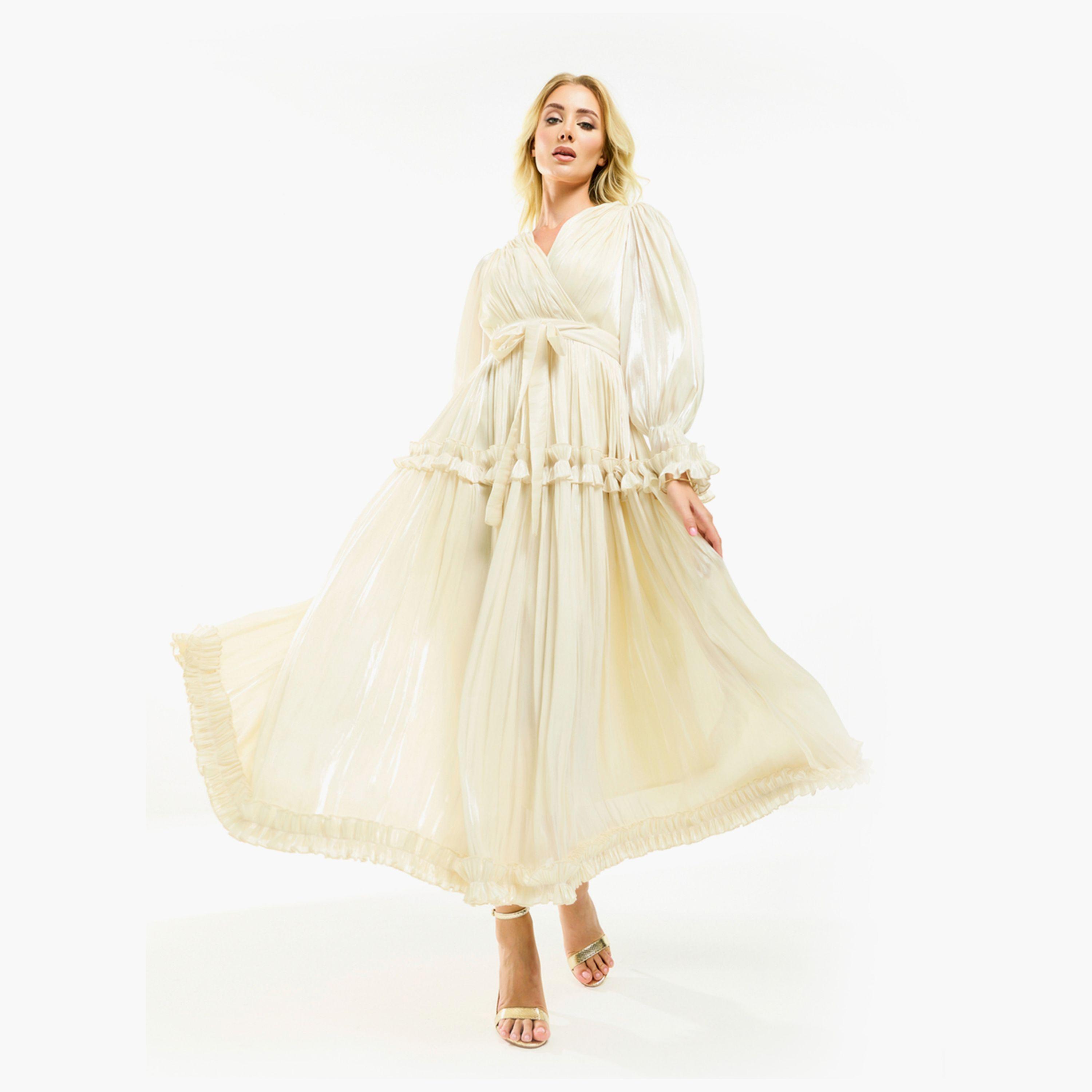 فستان طويل بتفاصيل اورجانزا وكشكش مع حزام هاوس أوف مودا × ستايلي-women-clothing-dresses-image-17
