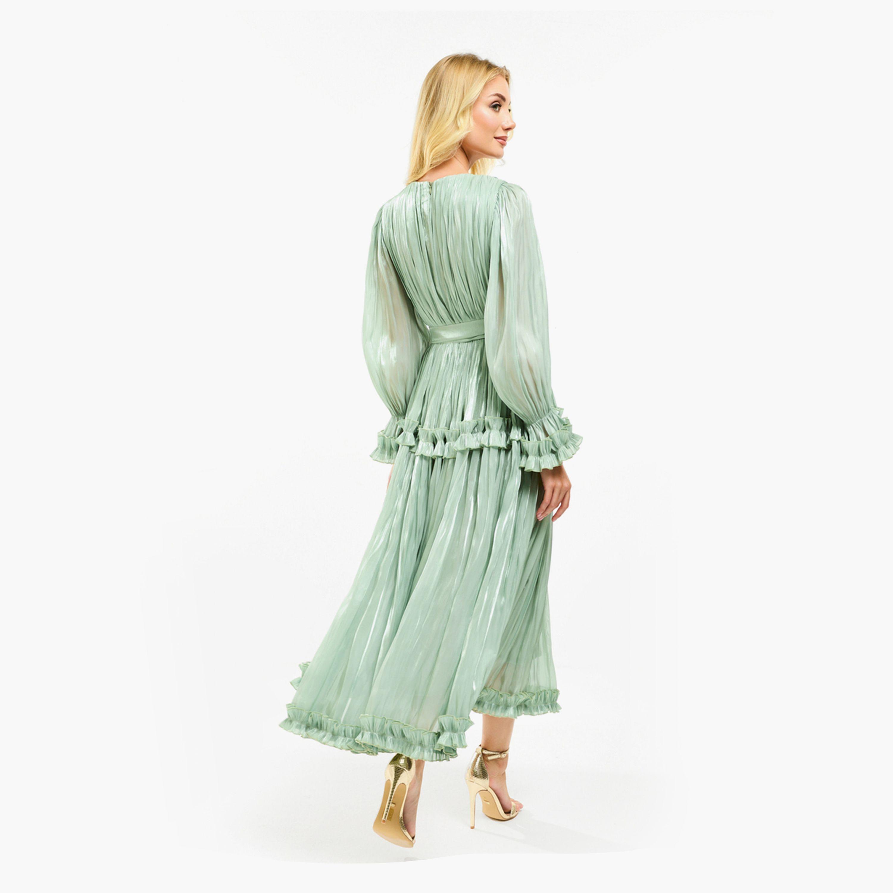 فستان طويل بتفاصيل اورجانزا وكشكش مع حزام هاوس أوف مودا × ستايلي-women-clothing-dresses-image-1