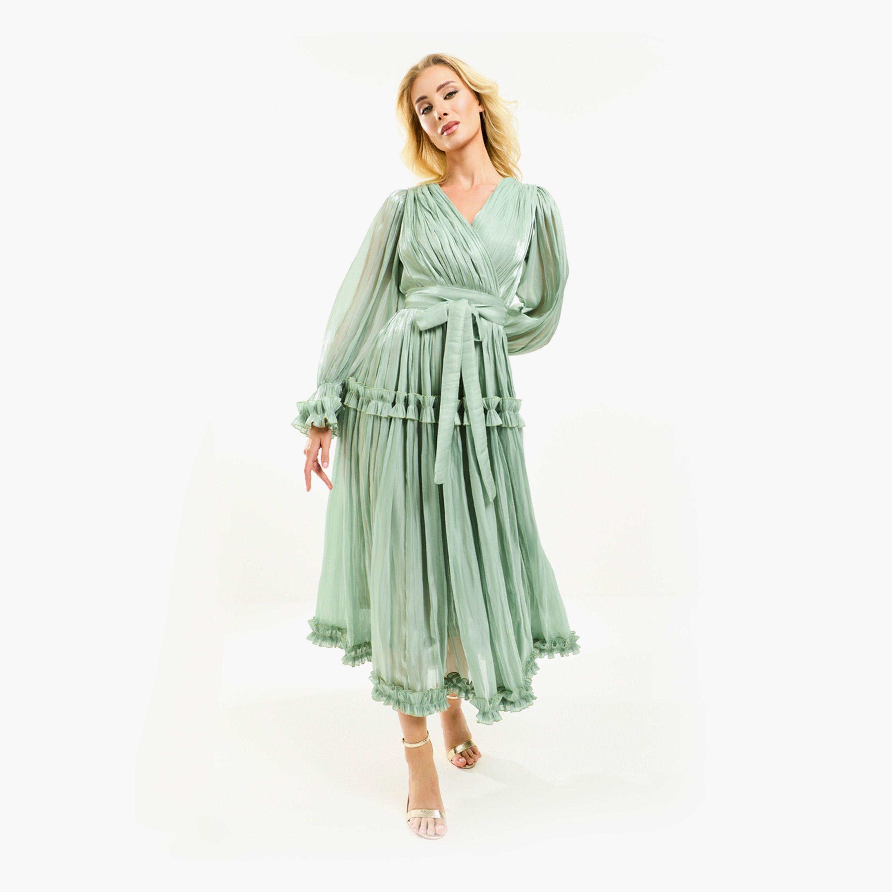 فستان طويل بتفاصيل اورجانزا وكشكش مع حزام هاوس أوف مودا × ستايلي-women-clothing-dresses-image-10