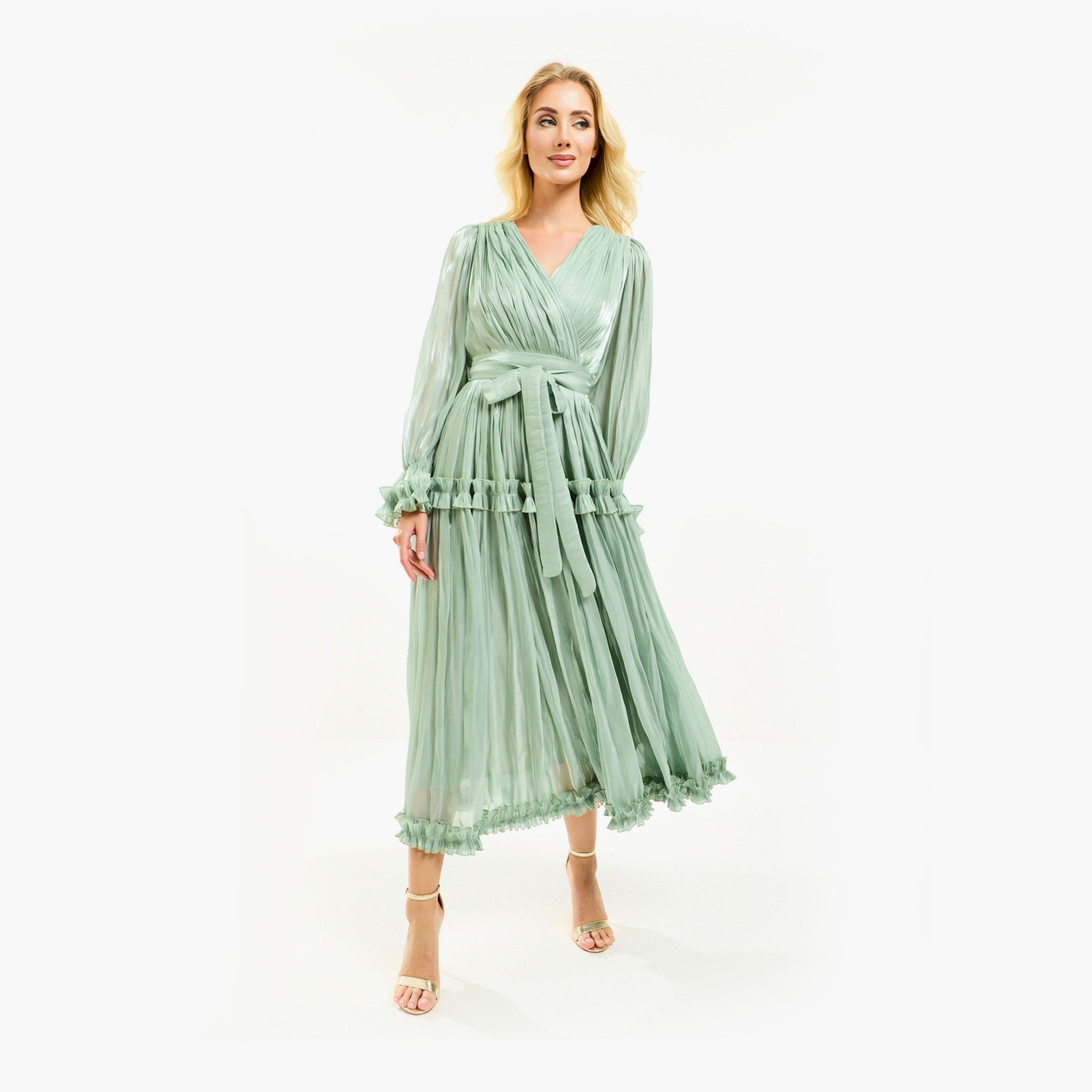 فستان طويل بتفاصيل اورجانزا وكشكش مع حزام هاوس أوف مودا × ستايلي-women-clothing-dresses-image-11
