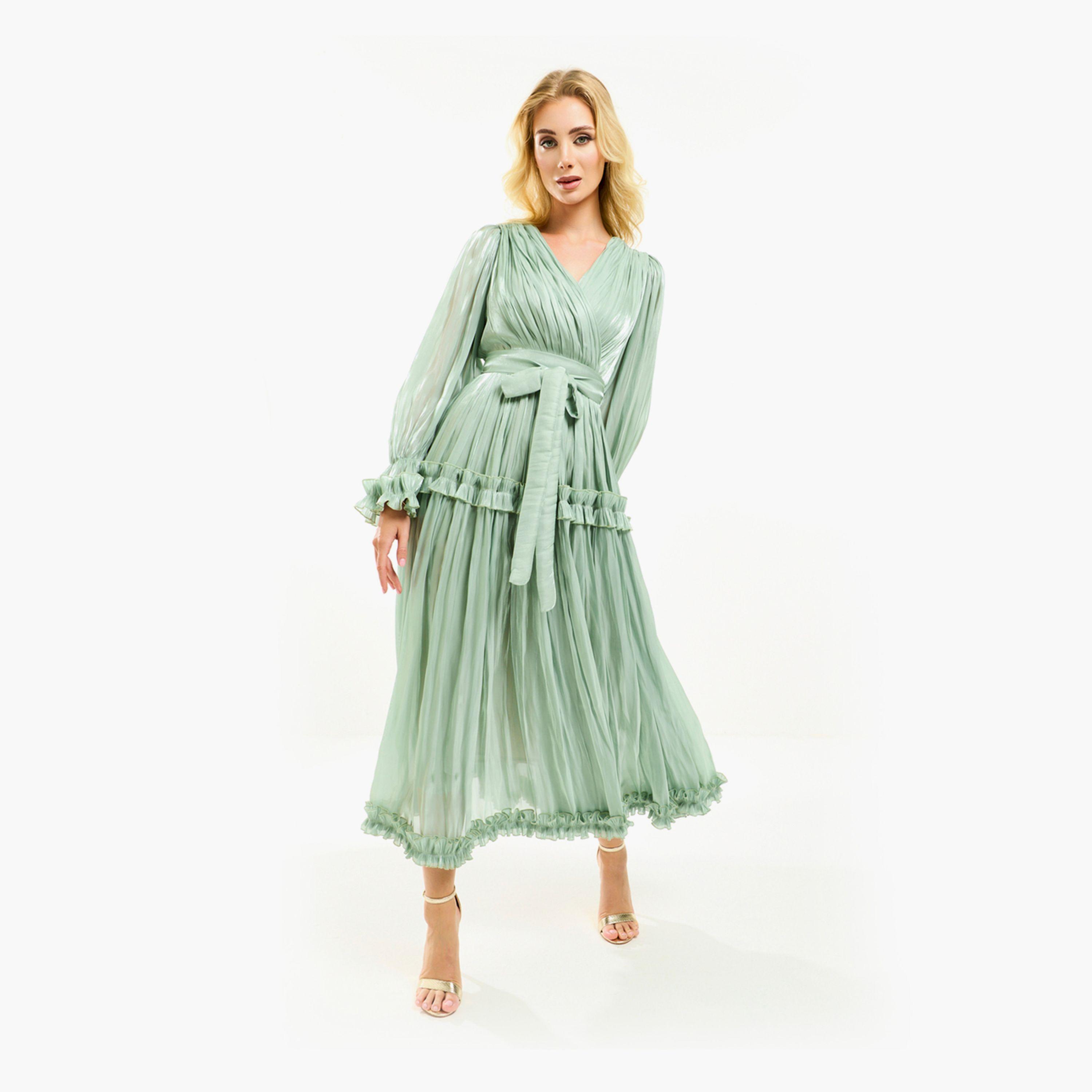 فستان طويل بتفاصيل اورجانزا وكشكش مع حزام هاوس أوف مودا × ستايلي-women-clothing-dresses-image-12