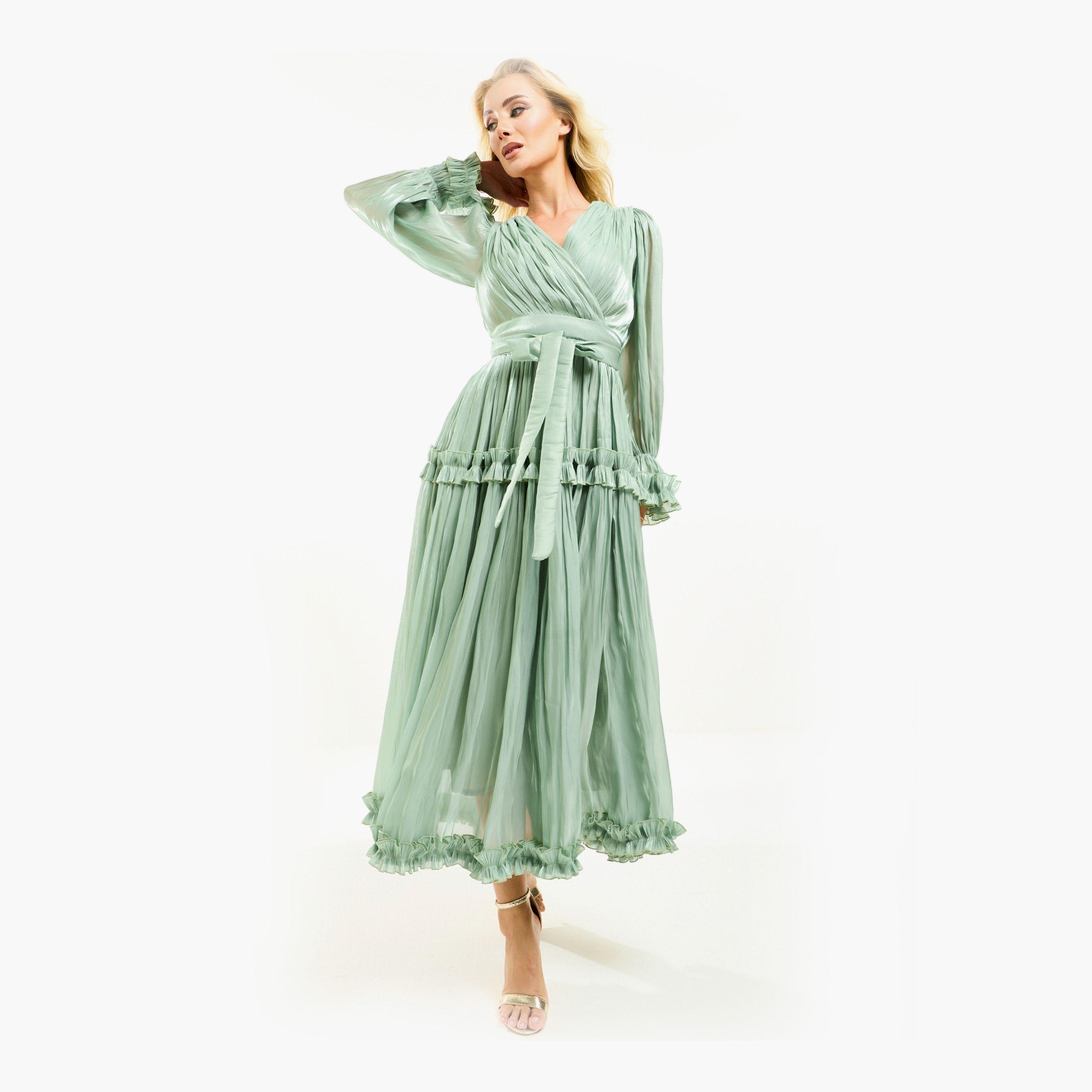 فستان طويل بتفاصيل اورجانزا وكشكش مع حزام هاوس أوف مودا × ستايلي-women-clothing-dresses-image-13