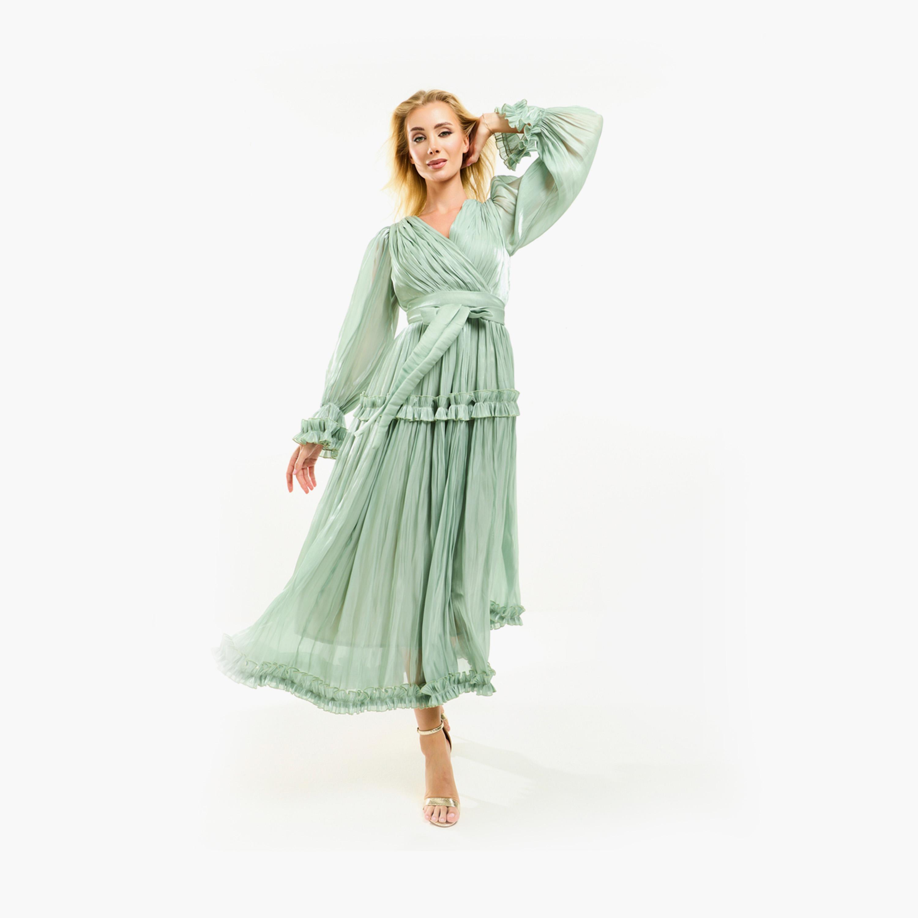 فستان طويل بتفاصيل اورجانزا وكشكش مع حزام هاوس أوف مودا × ستايلي-women-clothing-dresses-image-14