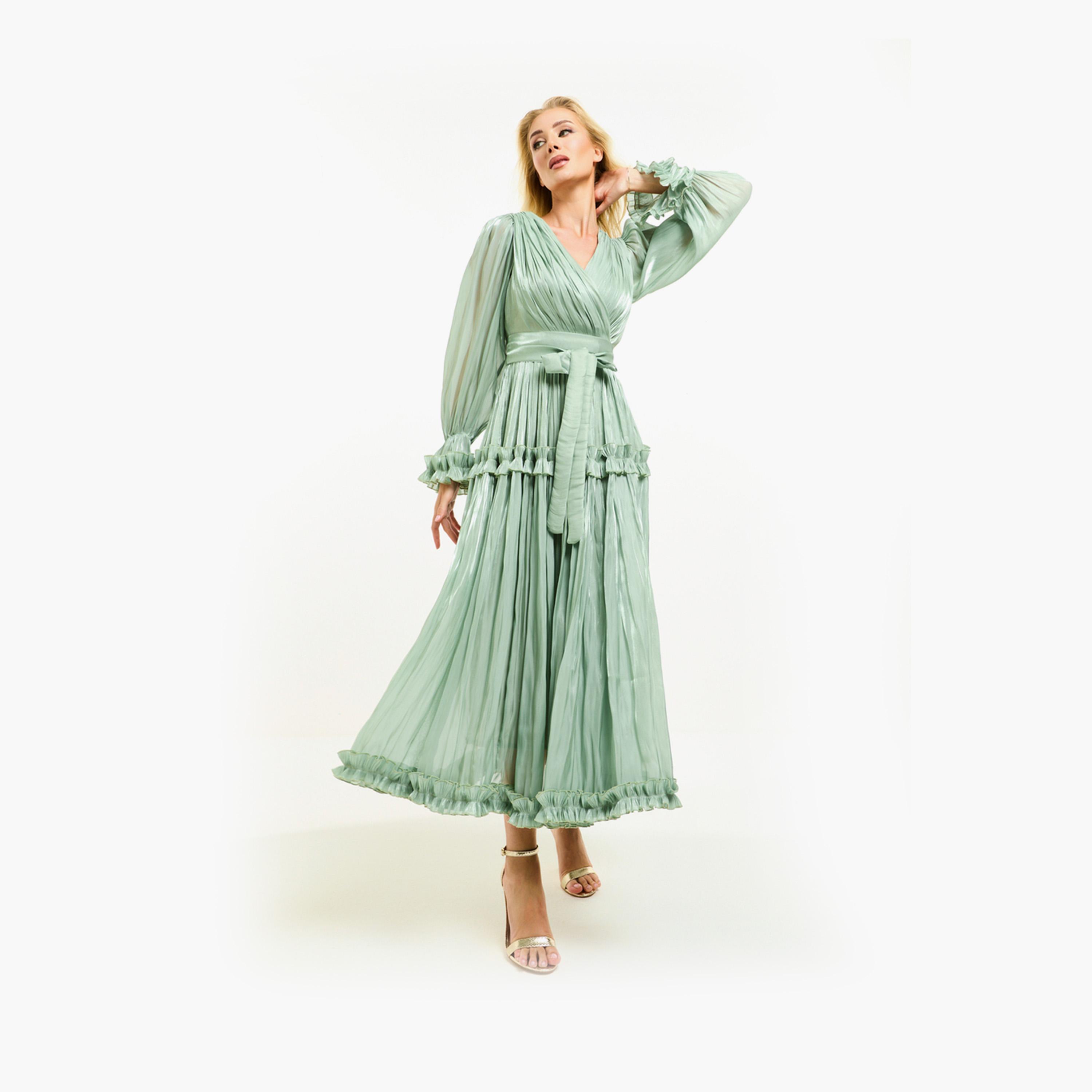 فستان طويل بتفاصيل اورجانزا وكشكش مع حزام هاوس أوف مودا × ستايلي-women-clothing-dresses-image-15