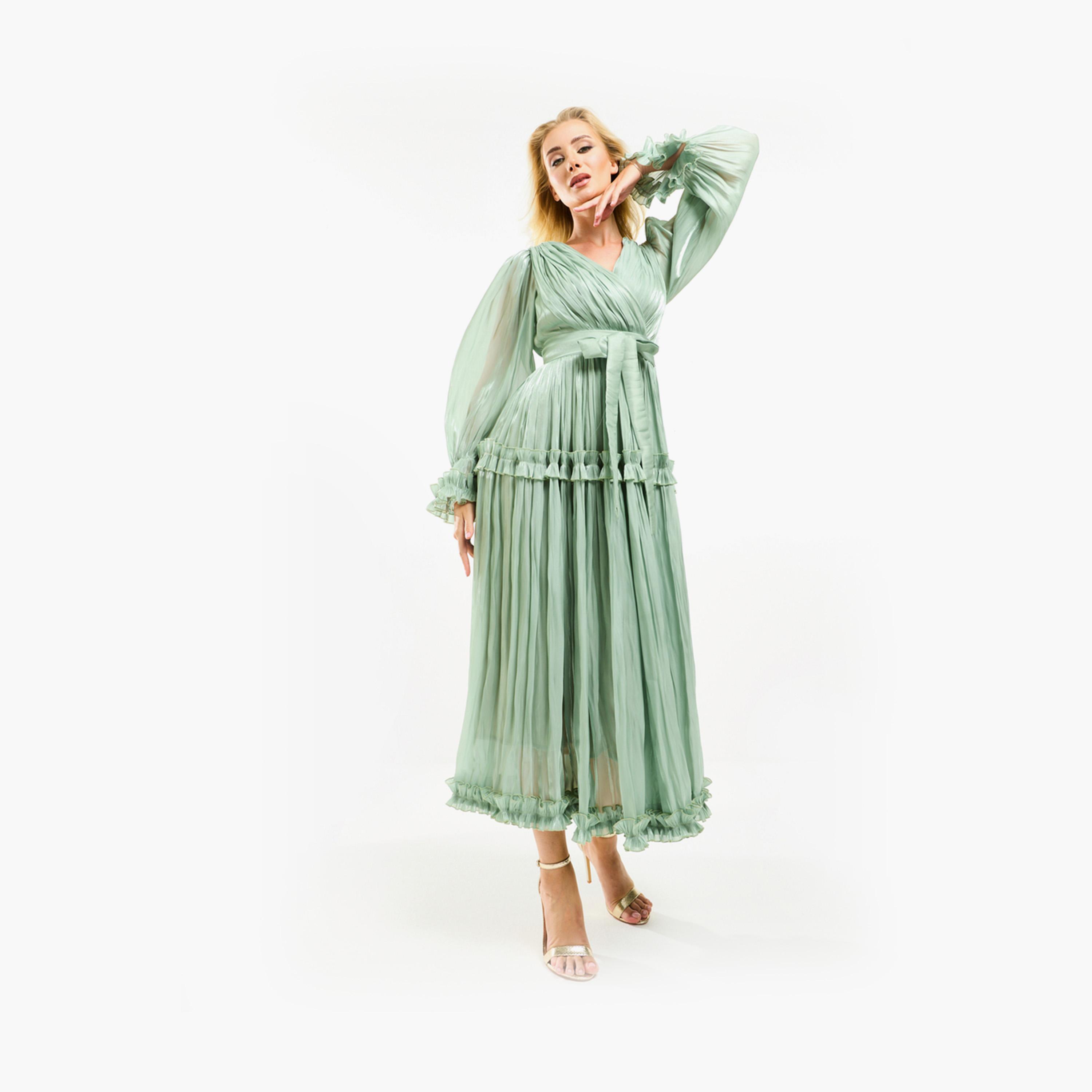 فستان طويل بتفاصيل اورجانزا وكشكش مع حزام هاوس أوف مودا × ستايلي-women-clothing-dresses-image-16