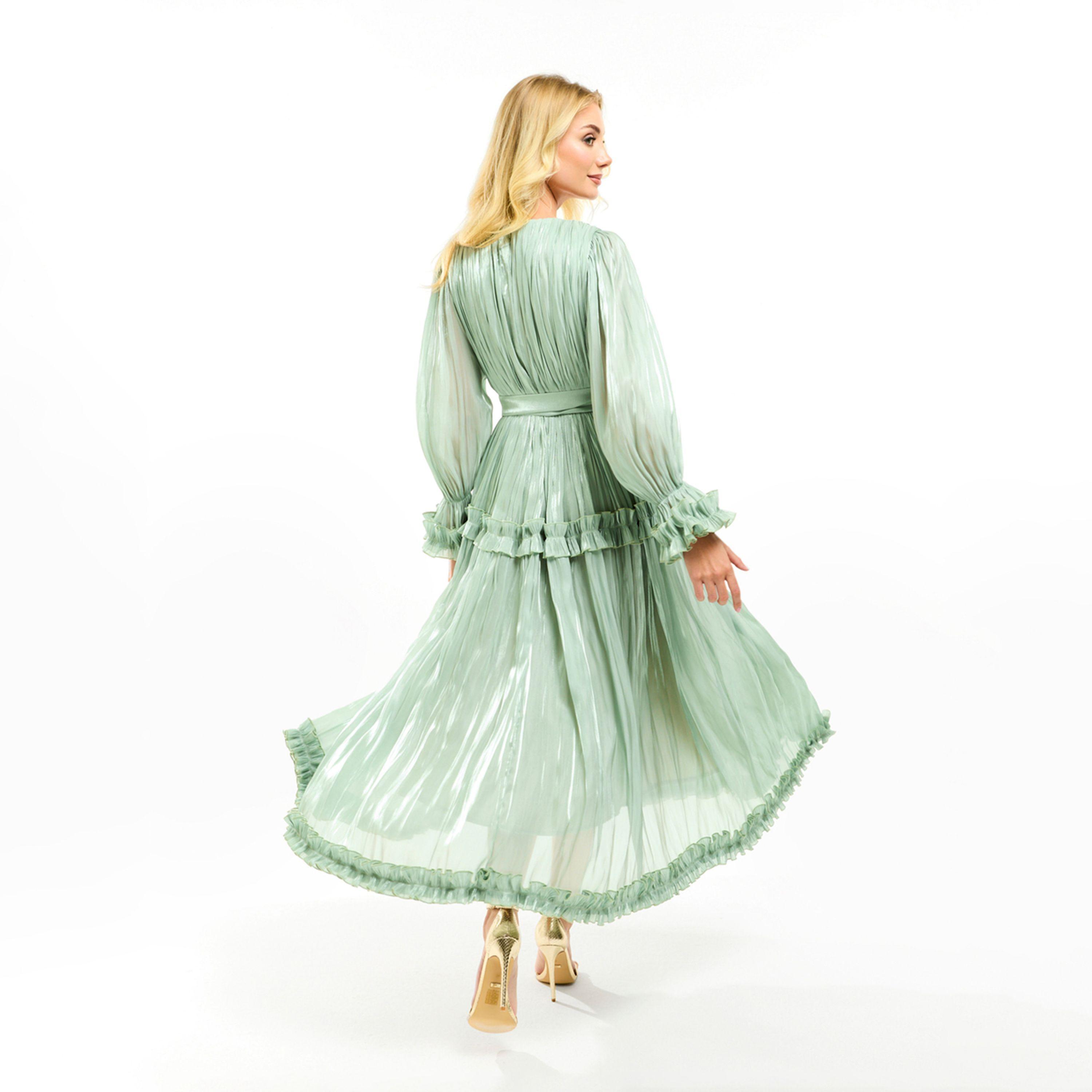 فستان طويل بتفاصيل اورجانزا وكشكش مع حزام هاوس أوف مودا × ستايلي-women-clothing-dresses-image-2