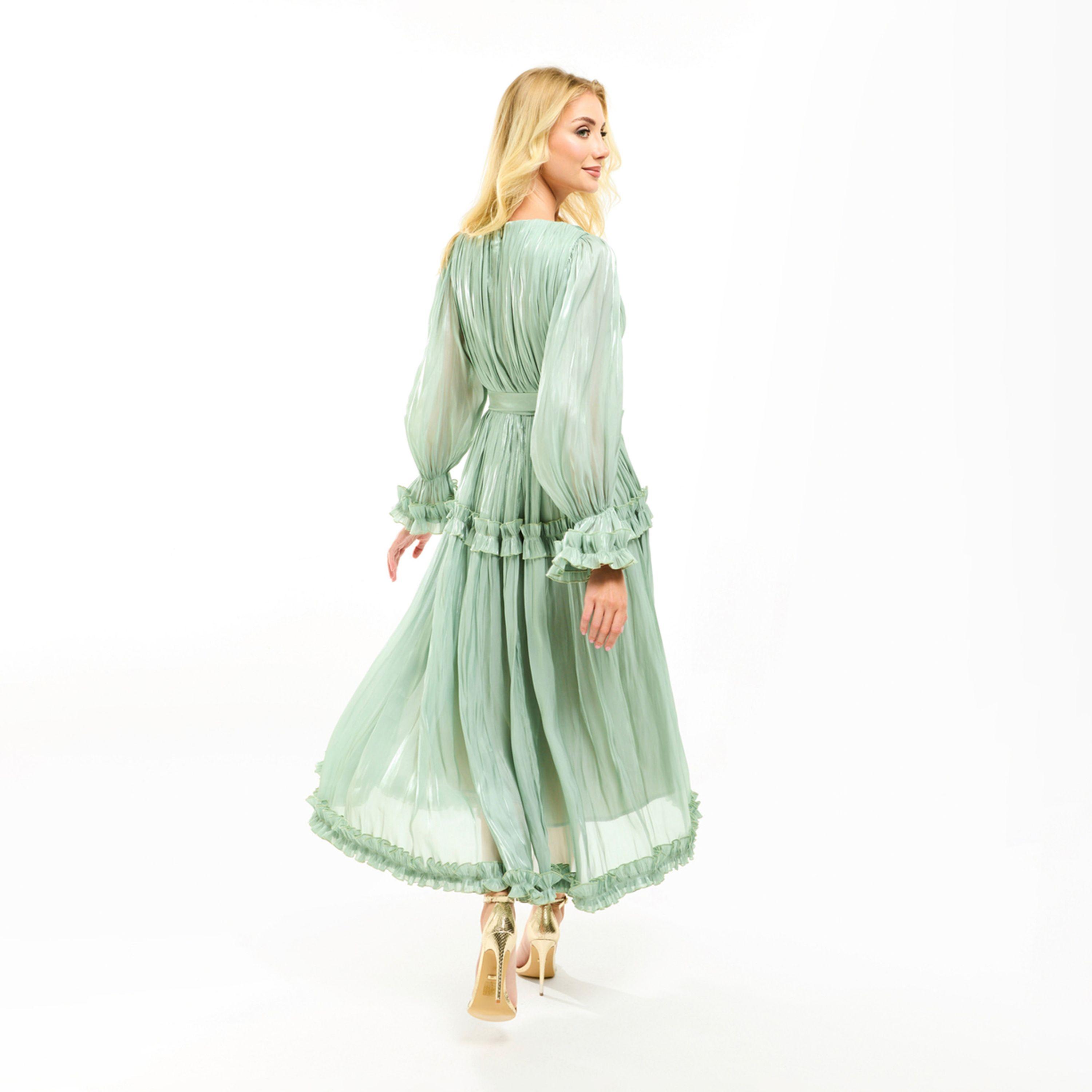 فستان طويل بتفاصيل اورجانزا وكشكش مع حزام هاوس أوف مودا × ستايلي-women-clothing-dresses-image-3