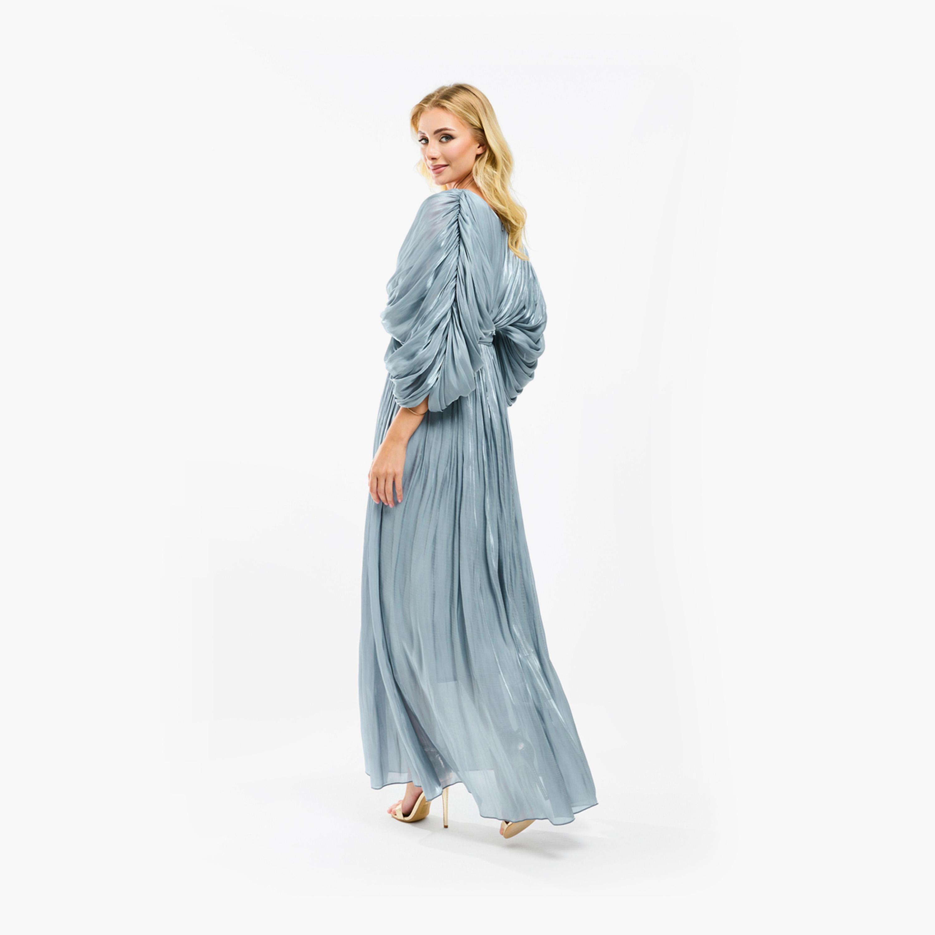 فستان طويل بتفاصيل اورجانزا وكسرات مع حزام هاوس أوف مودا × ستايلي-women-clothing-dresses-image-1