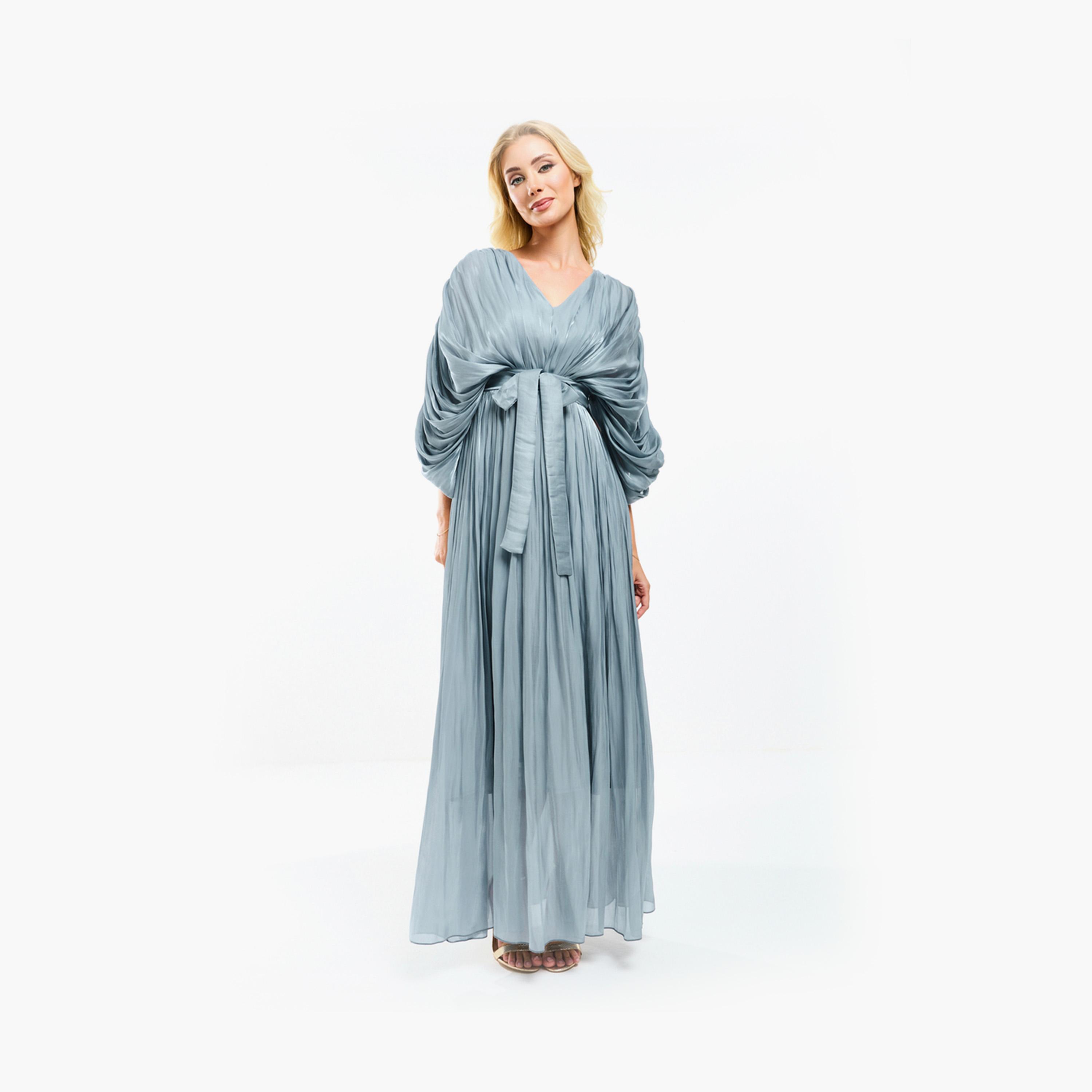 فستان طويل بتفاصيل اورجانزا وكسرات مع حزام هاوس أوف مودا × ستايلي-women-clothing-dresses-image-10