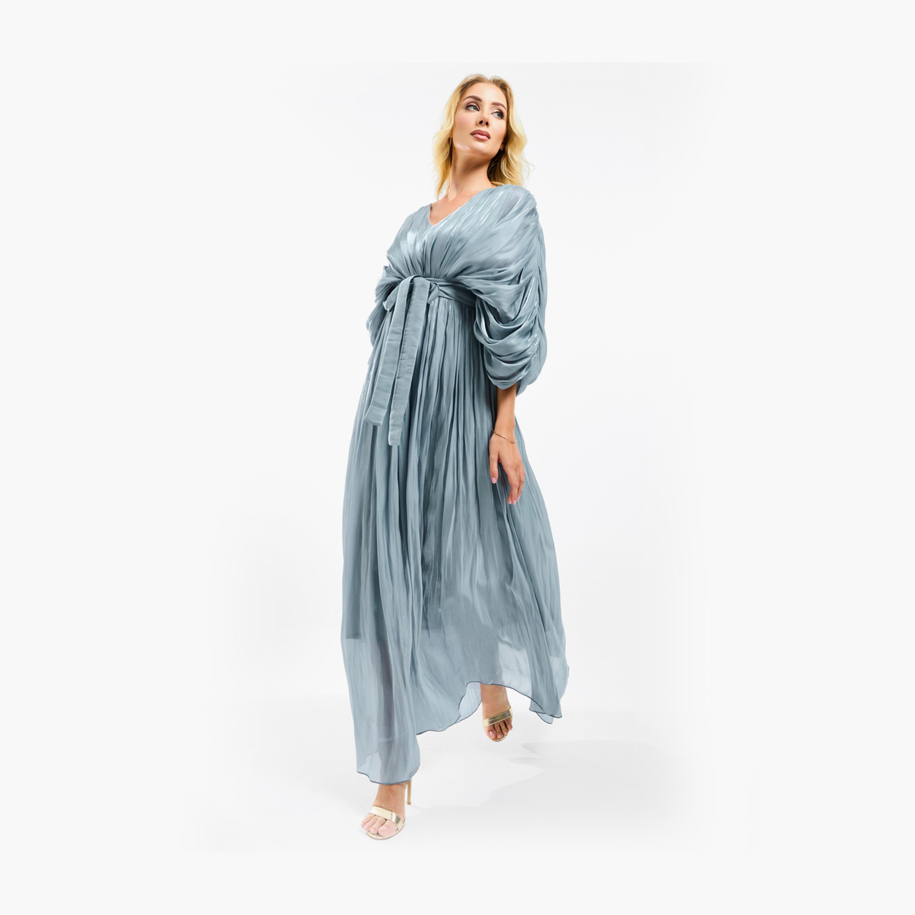 فستان طويل بتفاصيل اورجانزا وكسرات مع حزام هاوس أوف مودا × ستايلي-women-clothing-dresses-image-11