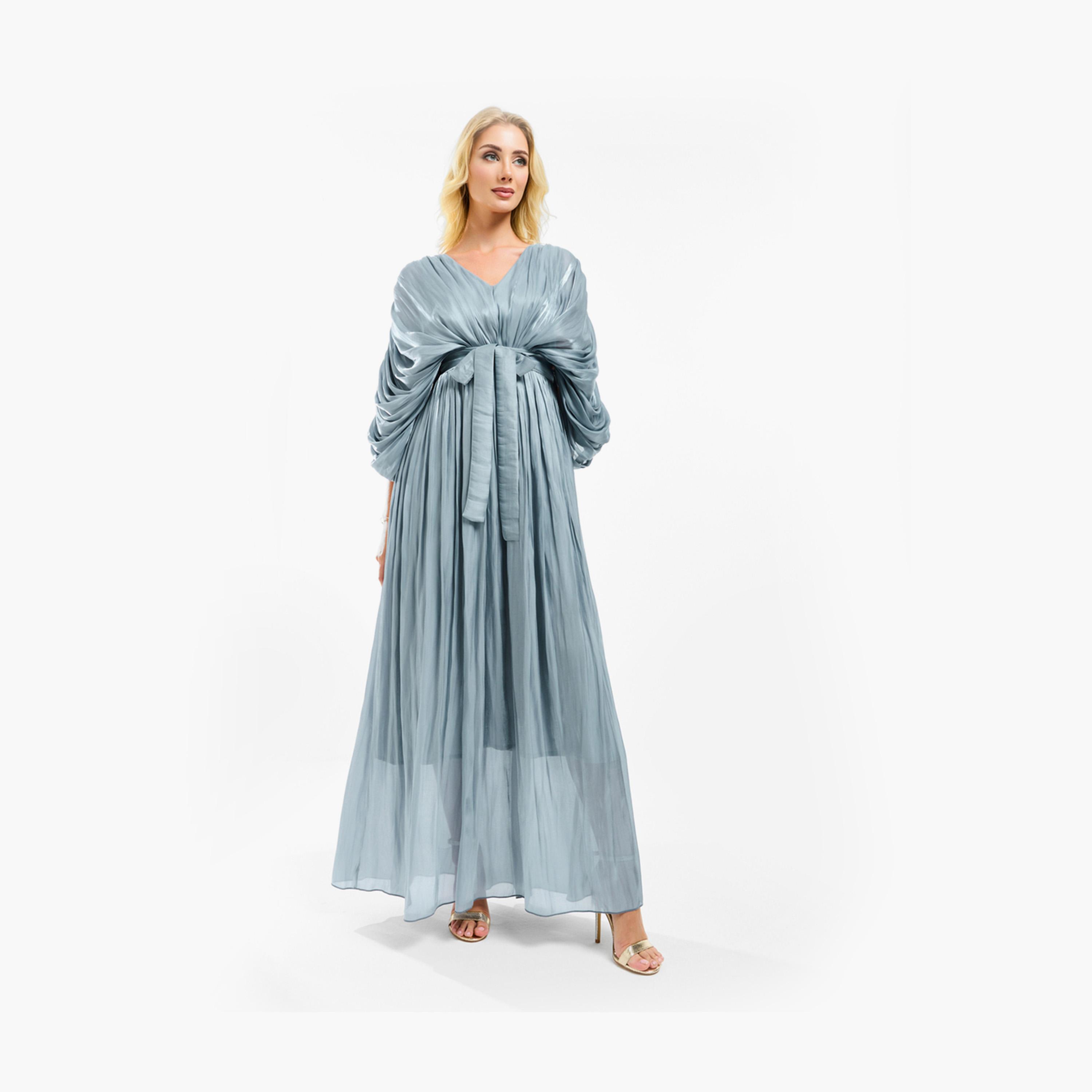 فستان طويل بتفاصيل اورجانزا وكسرات مع حزام هاوس أوف مودا × ستايلي-women-clothing-dresses-image-12