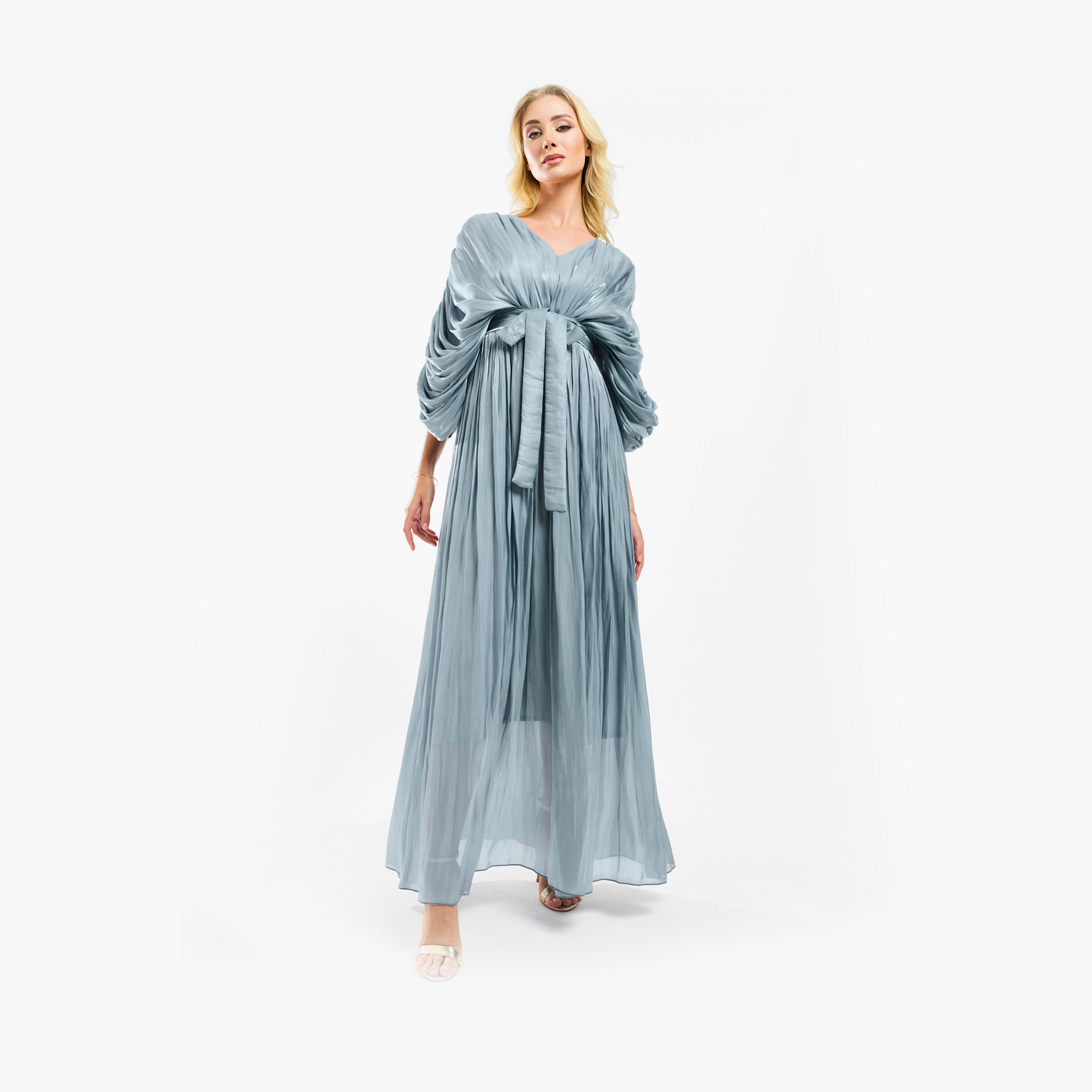 فستان طويل بتفاصيل اورجانزا وكسرات مع حزام هاوس أوف مودا × ستايلي-women-clothing-dresses-image-13