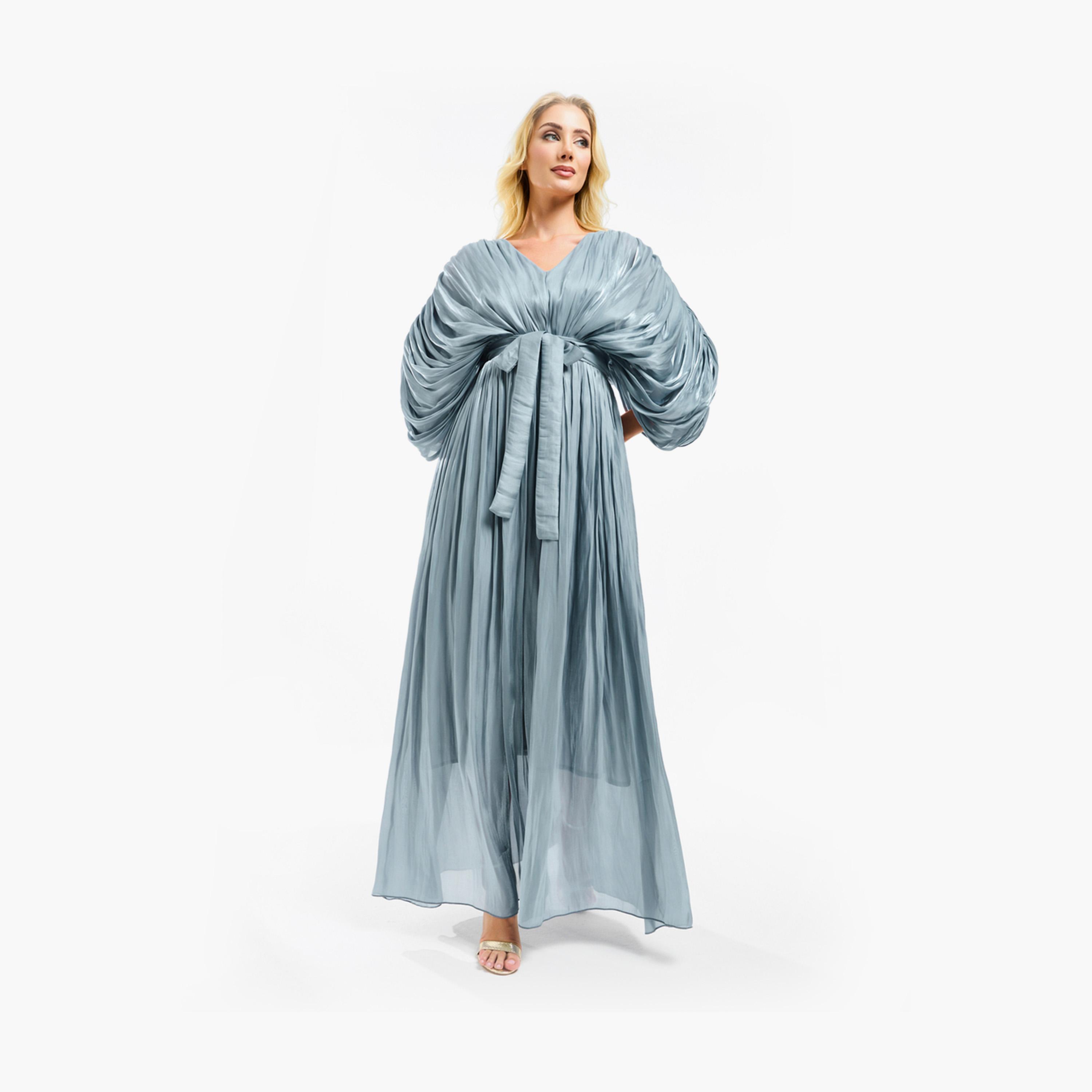 فستان طويل بتفاصيل اورجانزا وكسرات مع حزام هاوس أوف مودا × ستايلي-women-clothing-dresses-image-14