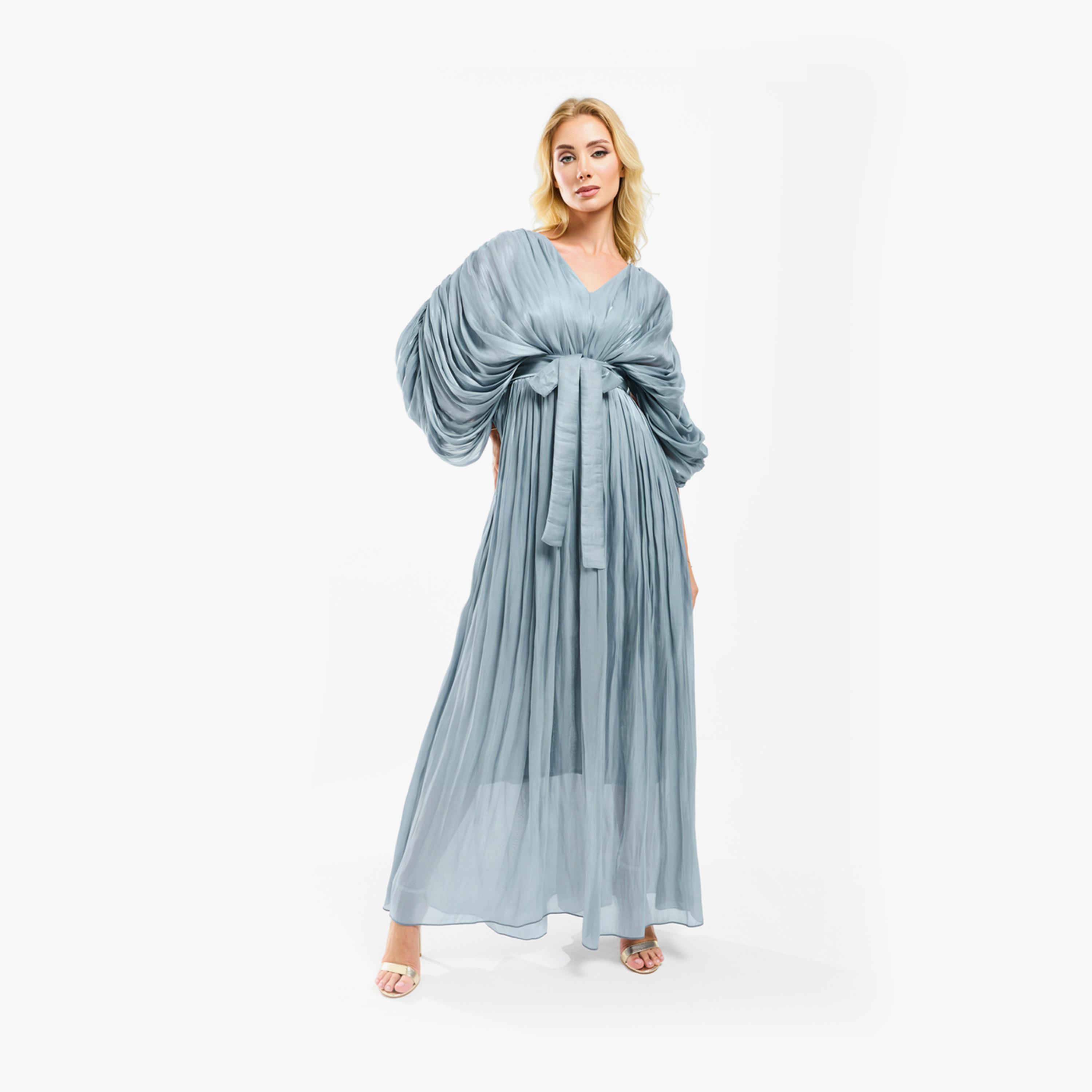 فستان طويل بتفاصيل اورجانزا وكسرات مع حزام هاوس أوف مودا × ستايلي-women-clothing-dresses-image-15