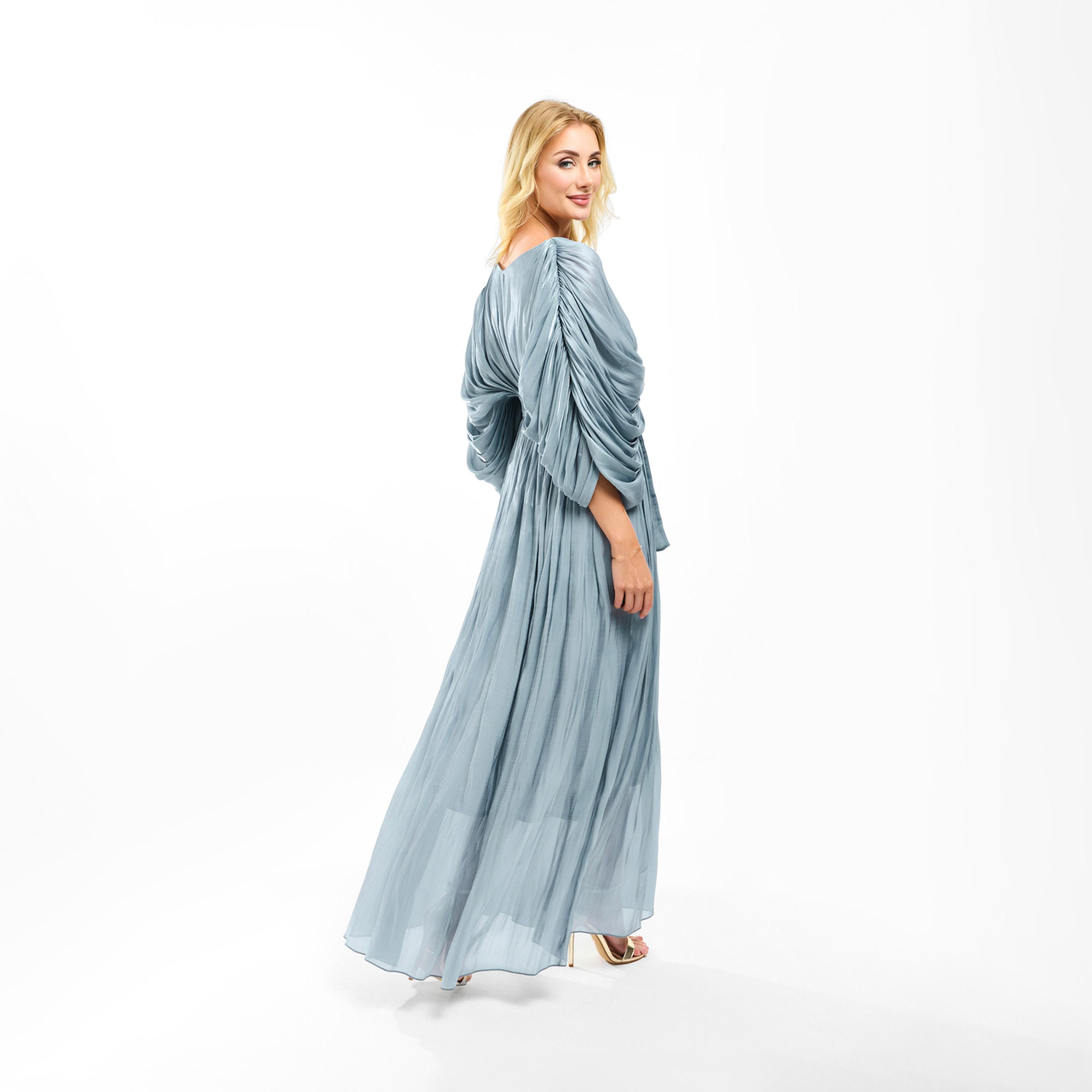 فستان طويل بتفاصيل اورجانزا وكسرات مع حزام هاوس أوف مودا × ستايلي-women-clothing-dresses-image-2