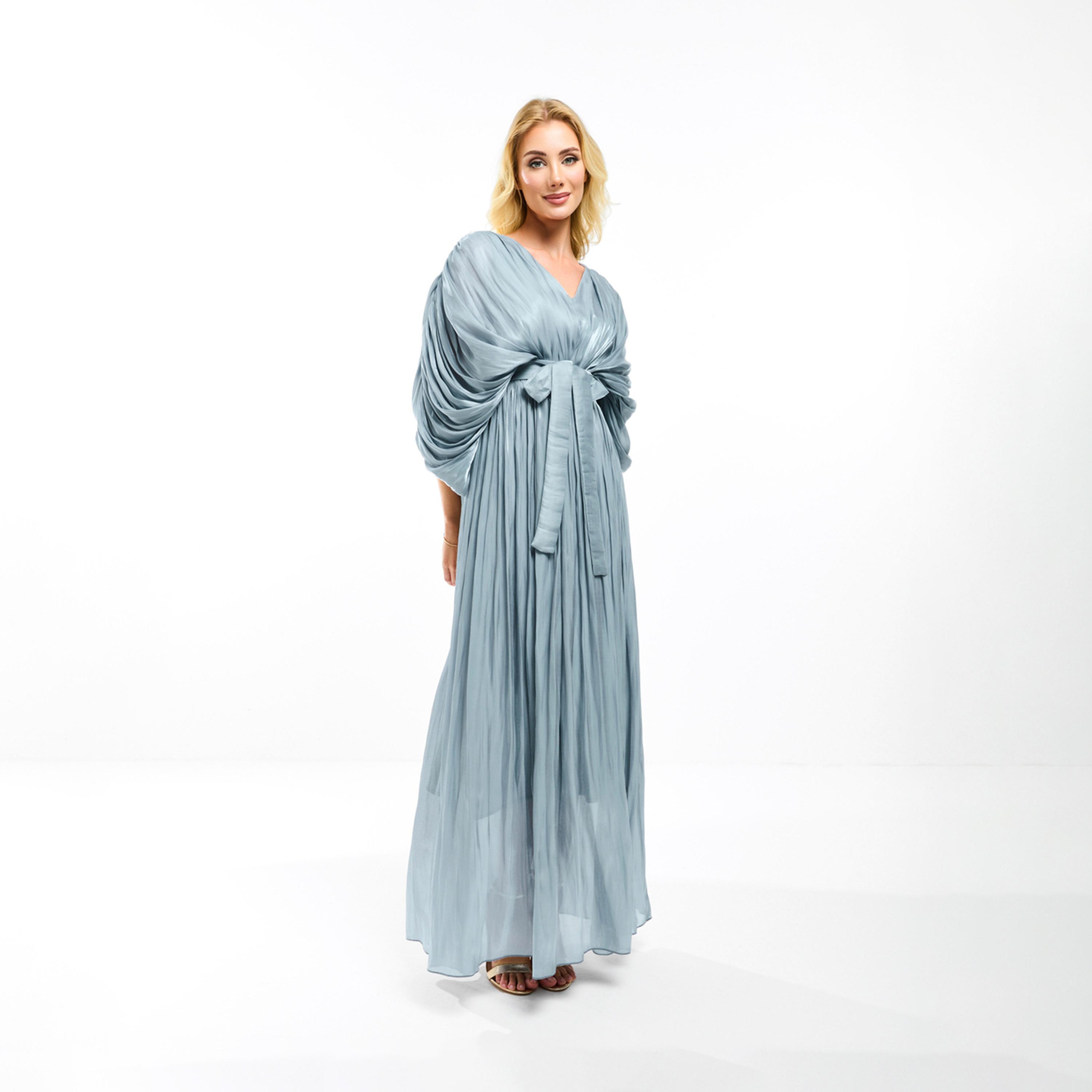 فستان طويل بتفاصيل اورجانزا وكسرات مع حزام هاوس أوف مودا × ستايلي-women-clothing-dresses-image-9