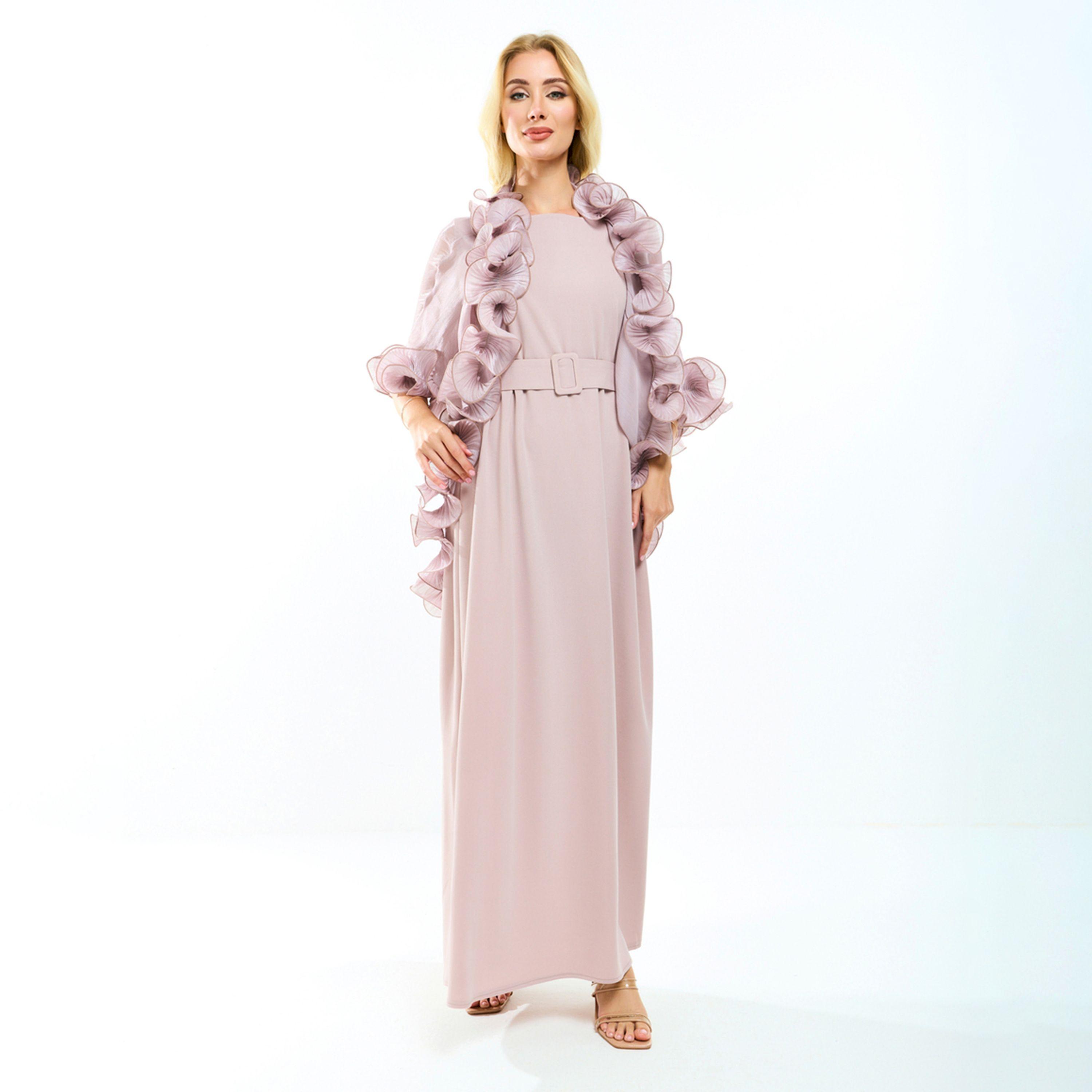 House of Moda X Styli  Plain Belted Maxi Dress with Detachable Ruffle Shrug-women-clothing-dresses-image-10