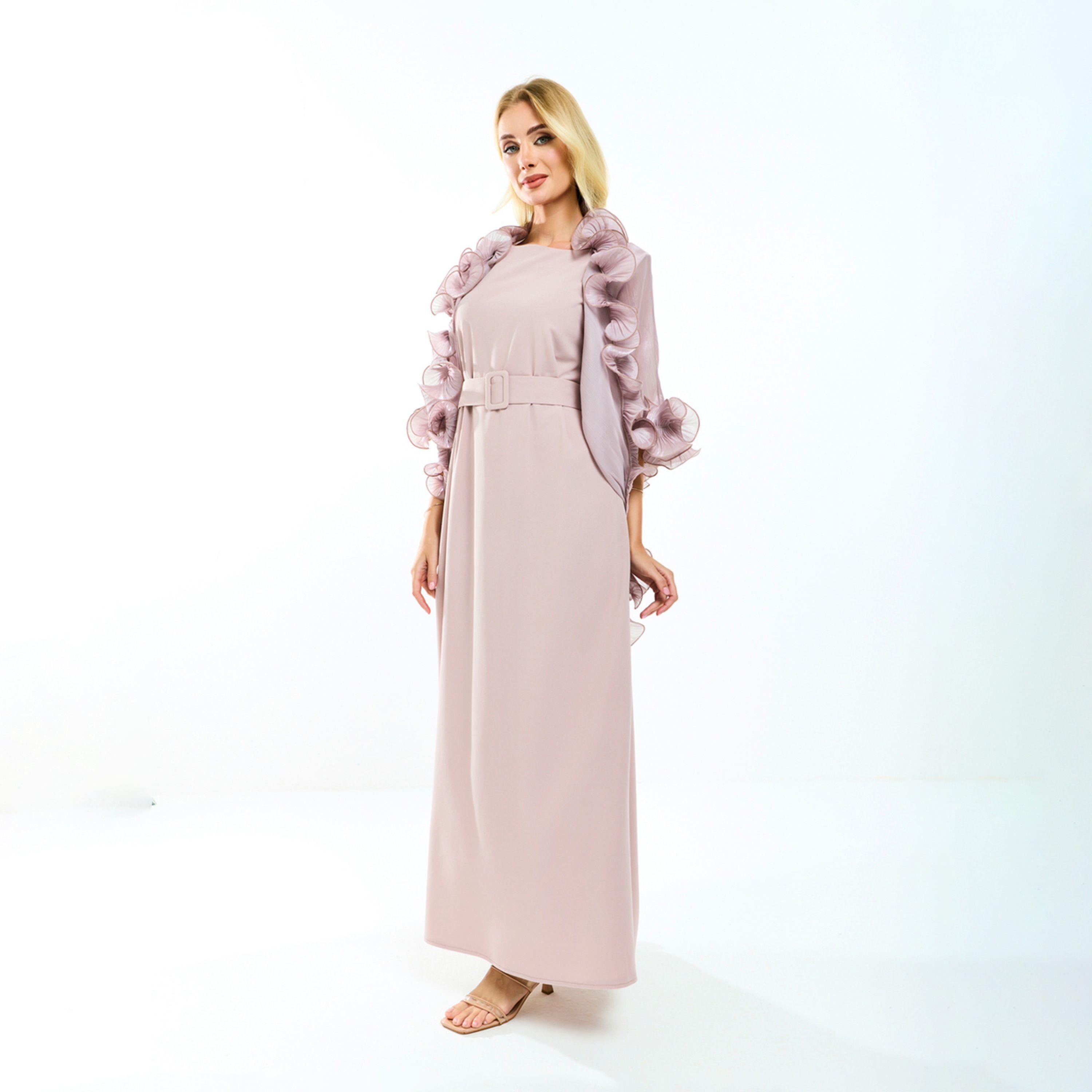 House of Moda X Styli  Plain Belted Maxi Dress with Detachable Ruffle Shrug-women-clothing-dresses-image-5