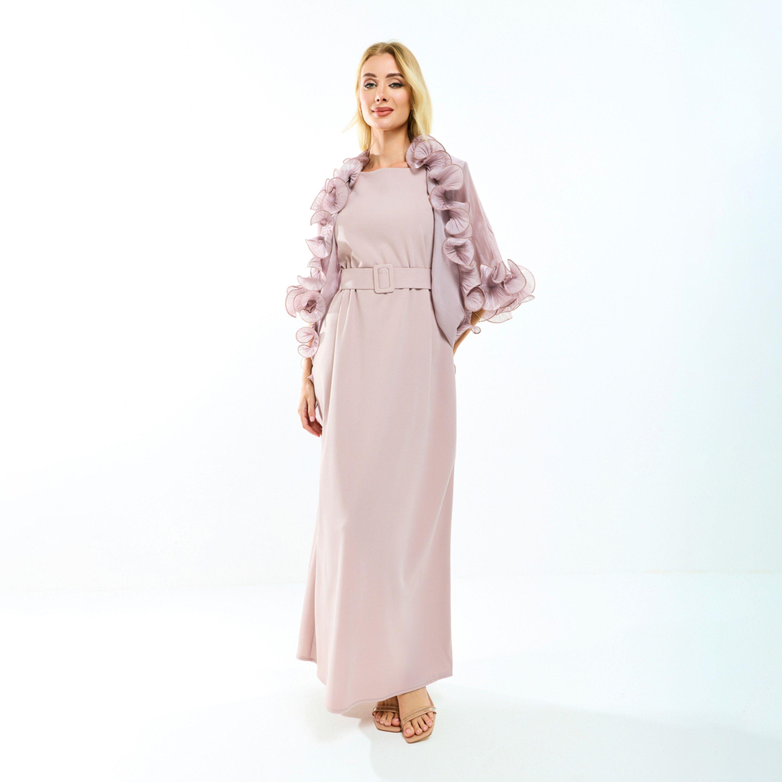 House of Moda X Styli  Plain Belted Maxi Dress with Detachable Ruffle Shrug-women-clothing-dresses-image-6