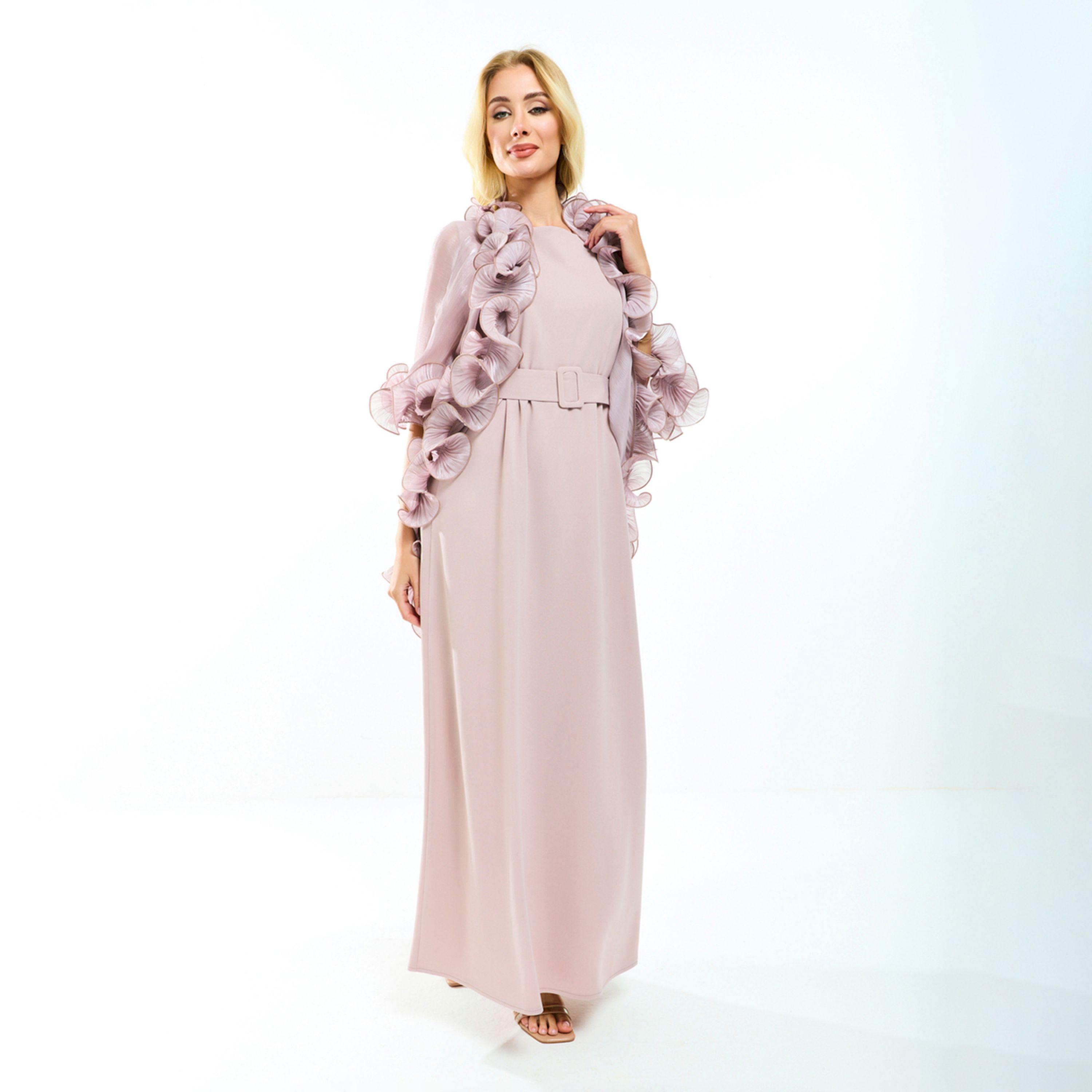 House of Moda X Styli  Plain Belted Maxi Dress with Detachable Ruffle Shrug-women-clothing-dresses-image-8