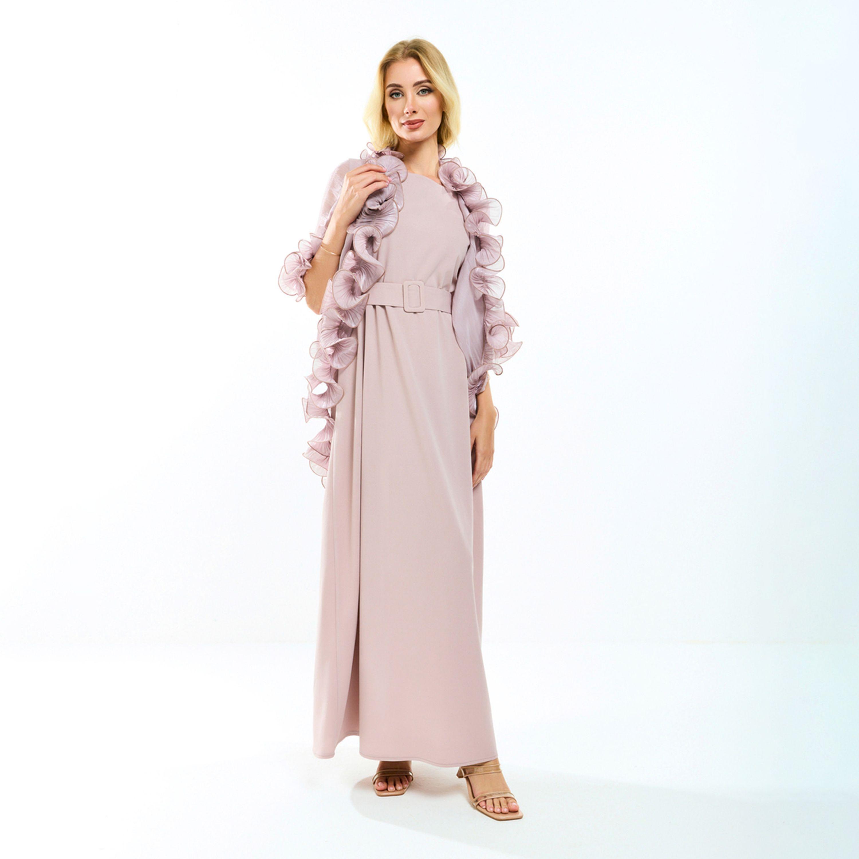 House of Moda X Styli  Plain Belted Maxi Dress with Detachable Ruffle Shrug-women-clothing-dresses-image-9