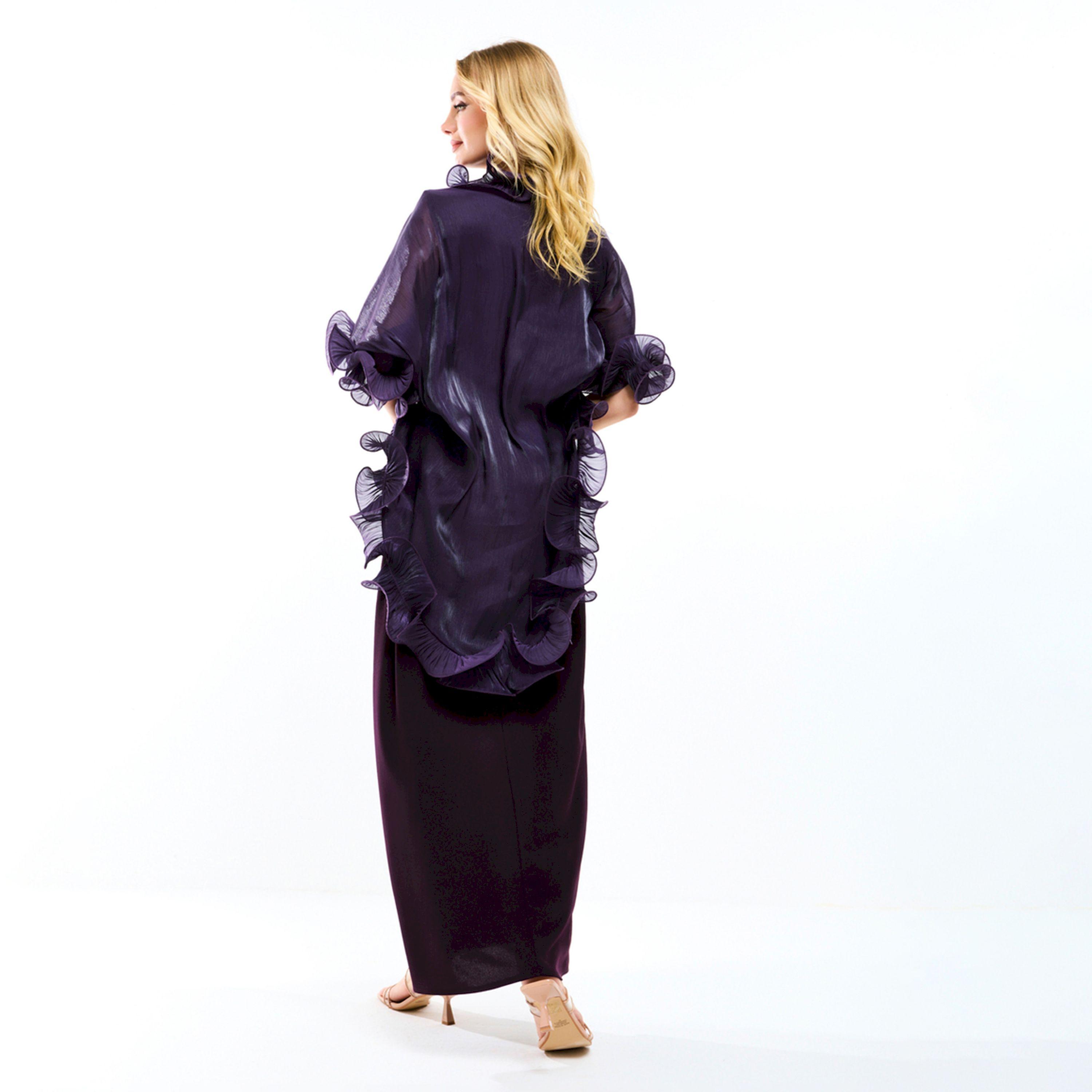 فستان طويل بحزام خصر مع جاكيت شراج بكشكش هاوس أوف مودا × ستايلي-women-clothing-dresses-image-1