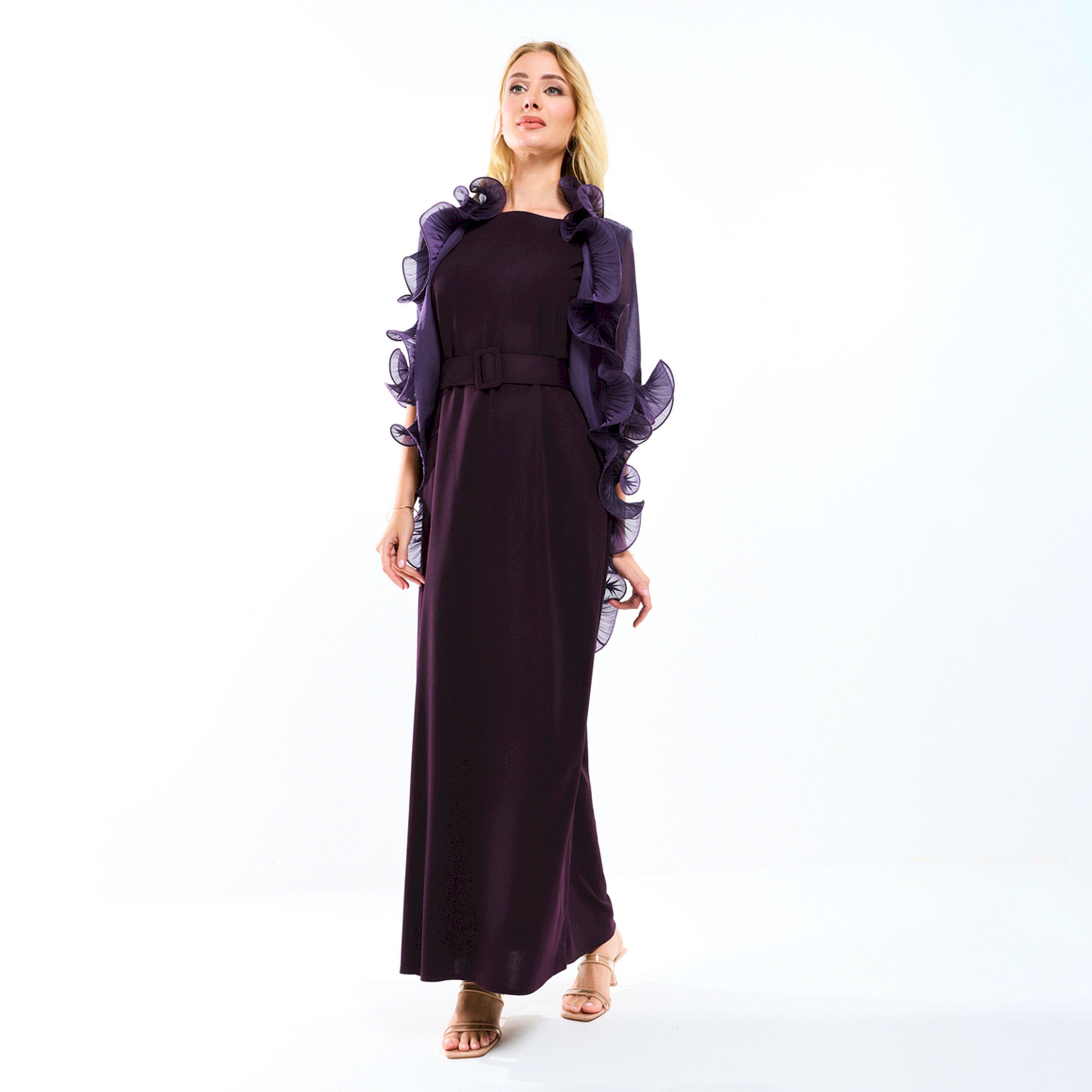 House of Moda X Styli  Plain Belted Maxi Dress with Detachable Ruffle Shrug-women-clothing-dresses-image-10